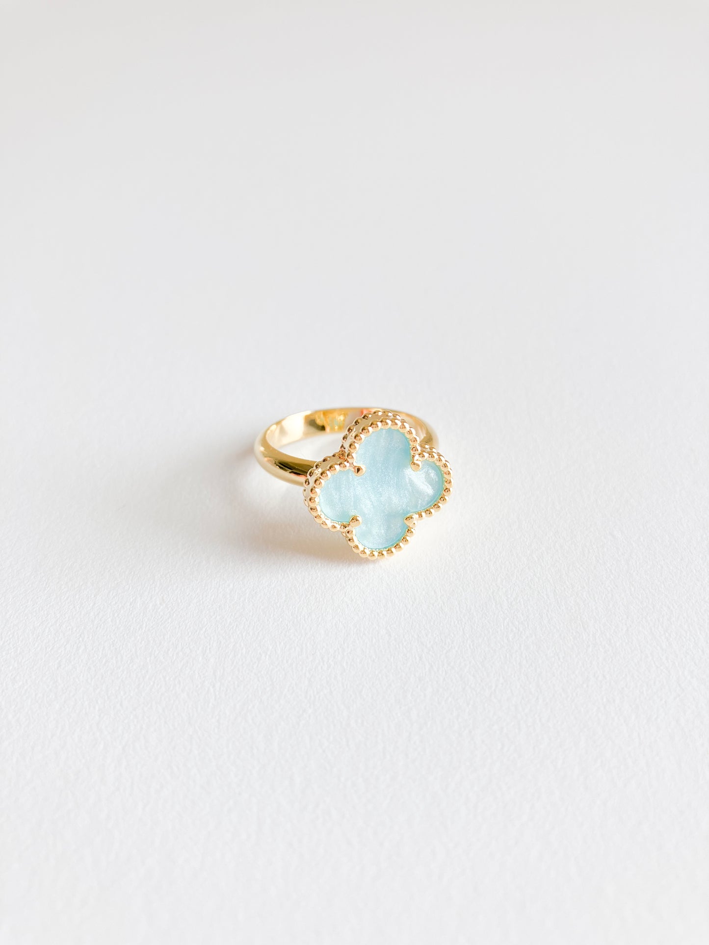 Blue Mother of Pearl Demi Quatrefoil Ring in Gold