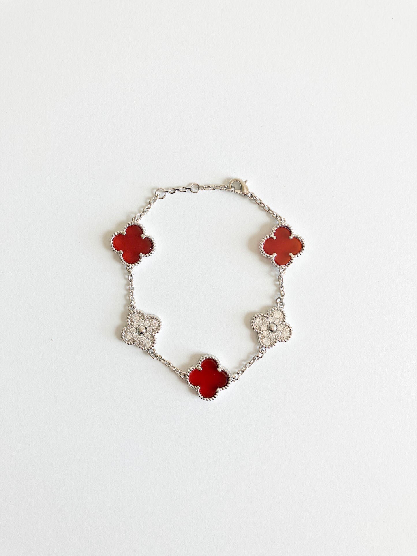 Cubic Zirconia and Carnelian Demi Quatrefoil Bracelet in Silver