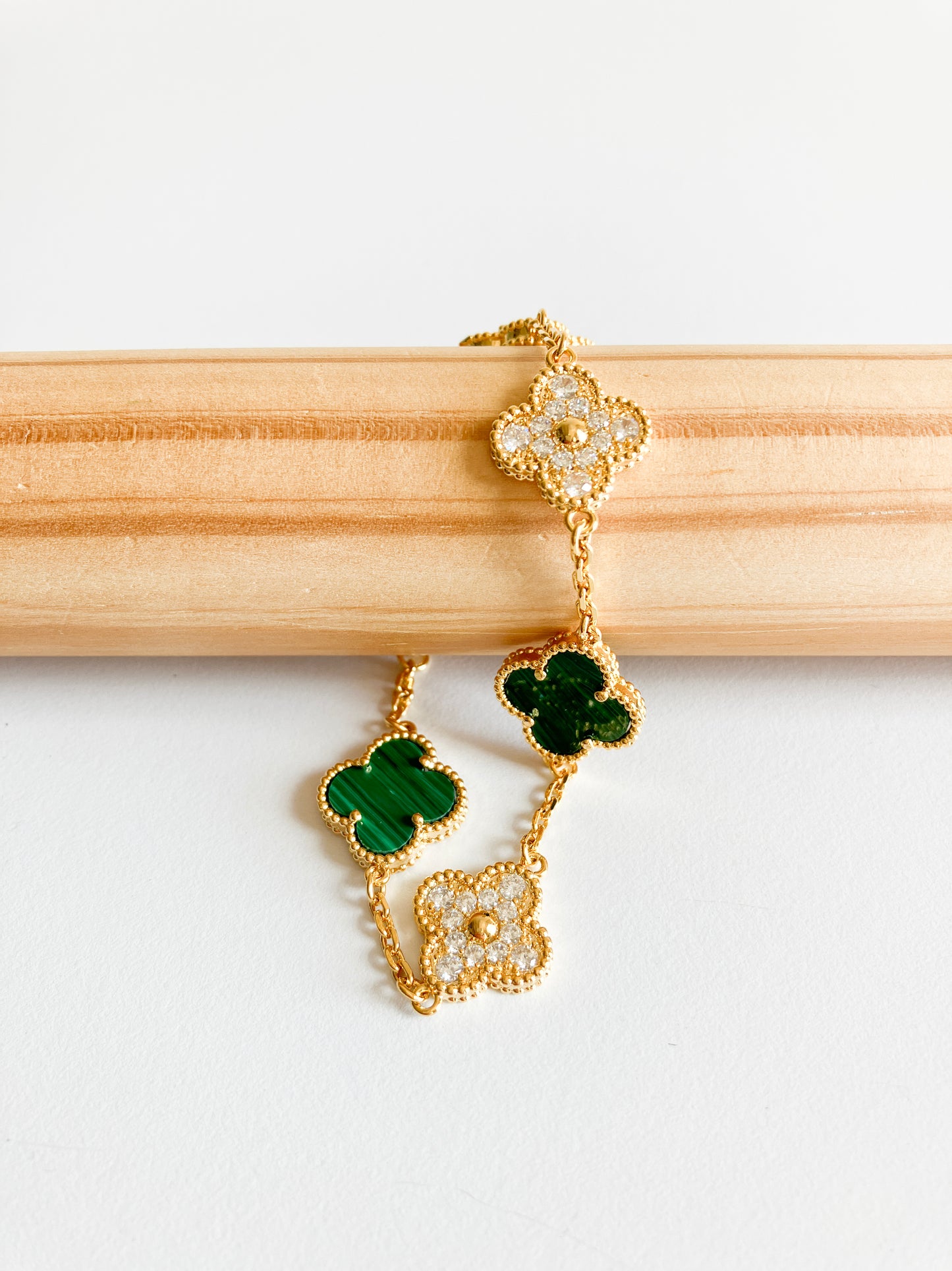 Cubic Zirconia and Malachite Demi Quatrefoil Bracelet in Gold