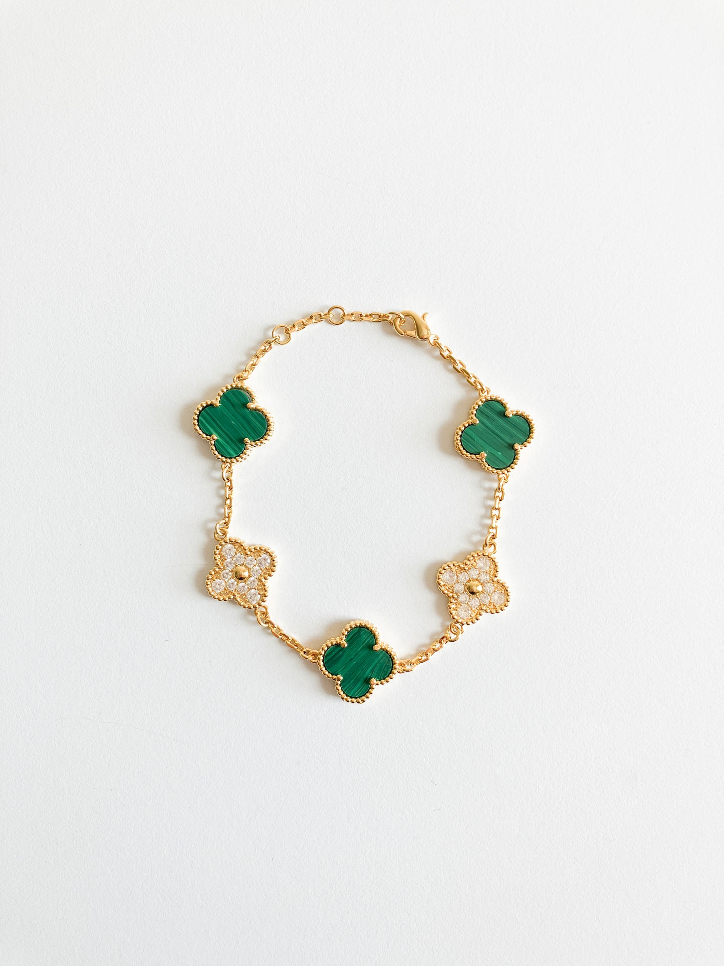 Cubic Zirconia and Malachite Demi Quatrefoil Bracelet in Gold