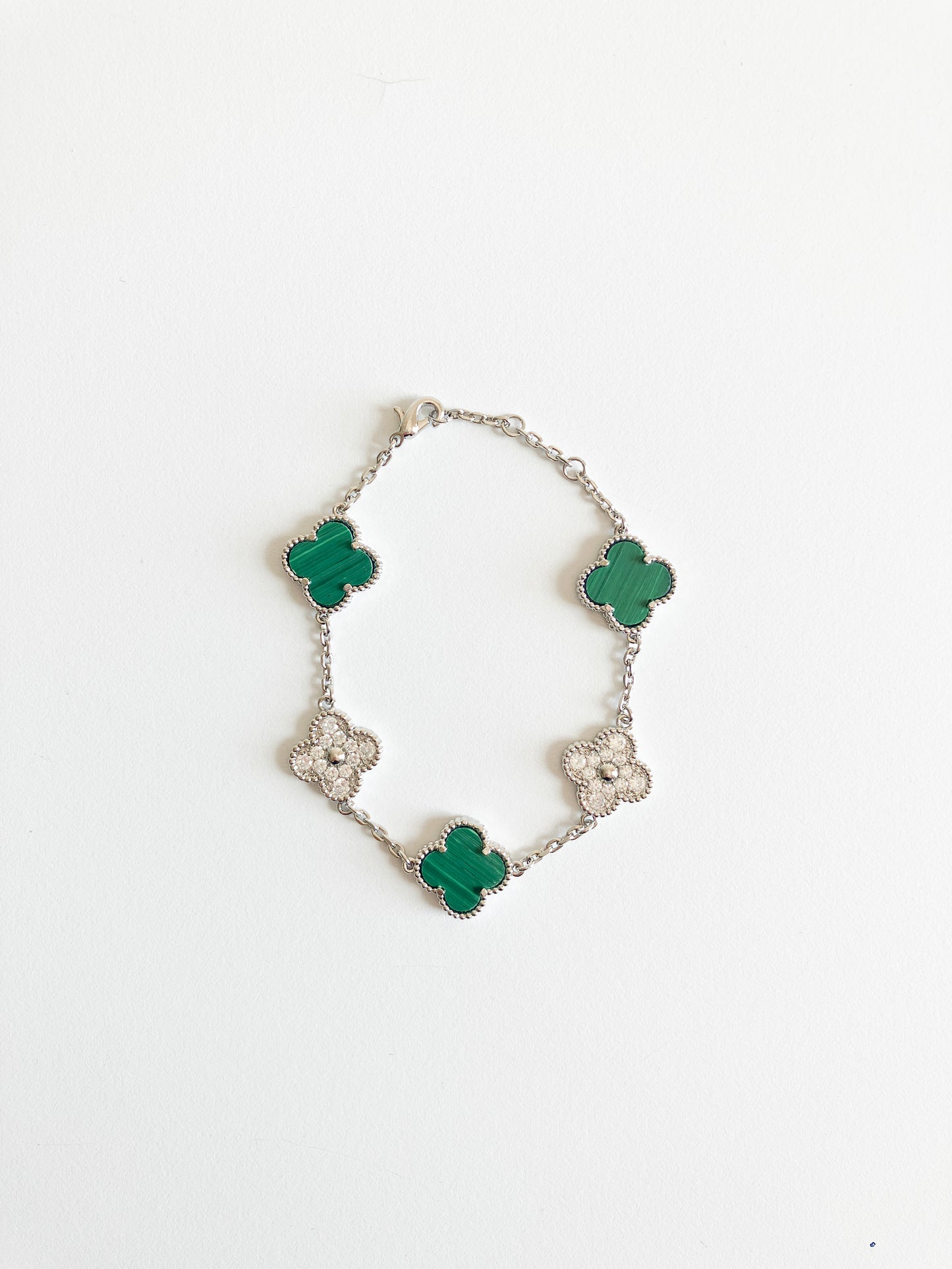 Cubic Zirconia and Malachite Demi Quatrefoil Bracelet in Silver