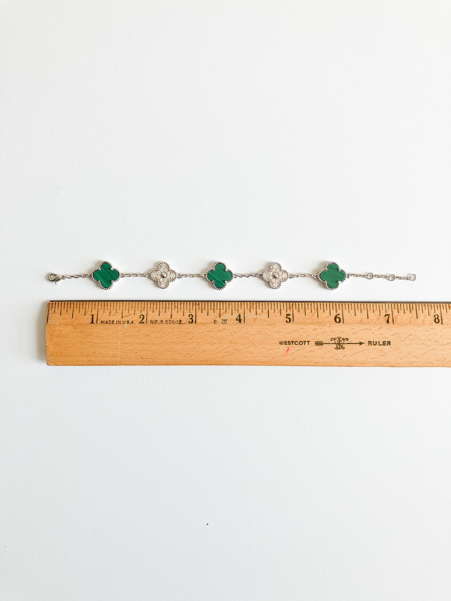 Cubic Zirconia and Malachite Demi Quatrefoil Bracelet in Silver
