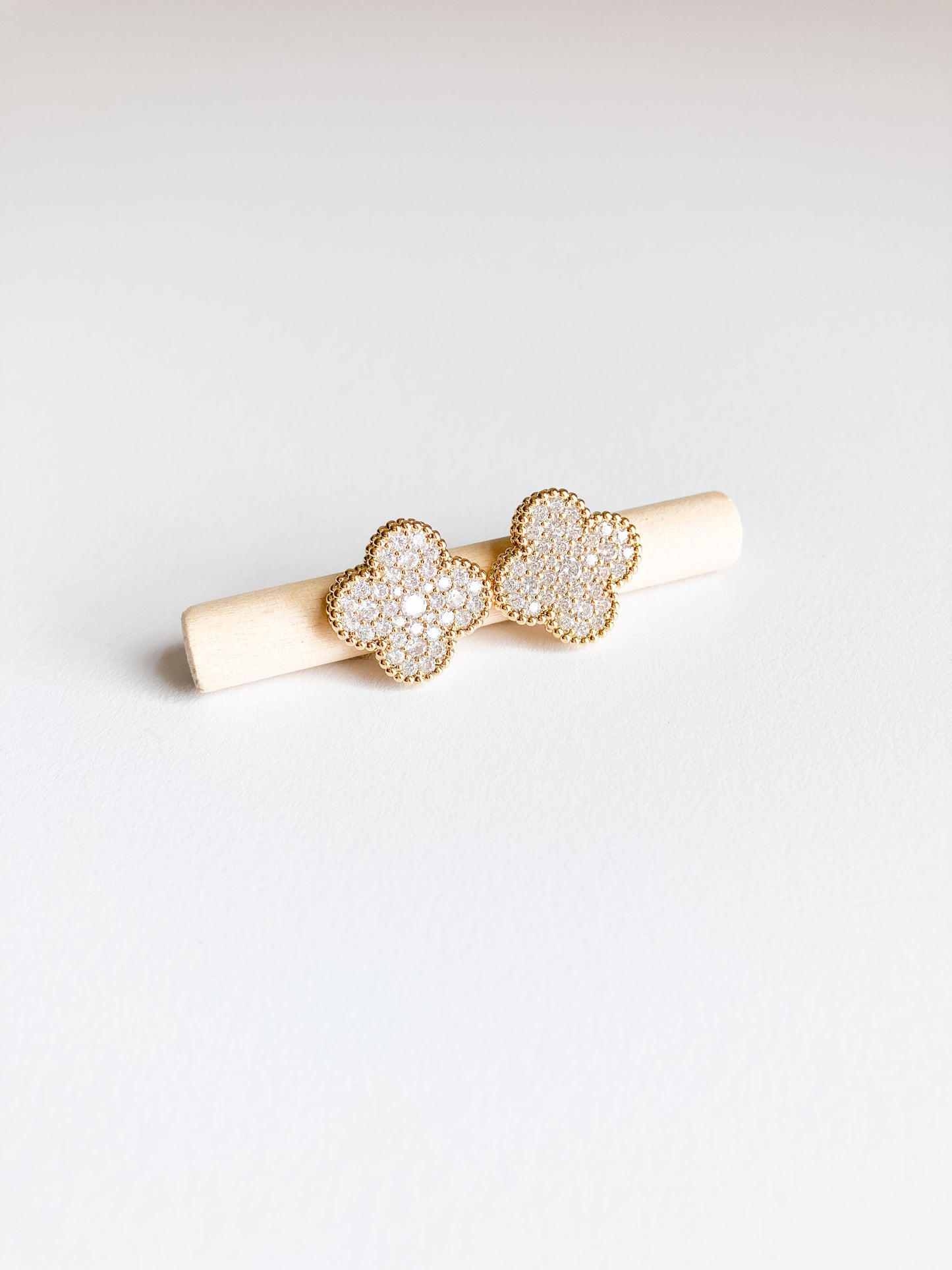 Pave Cubic Zirconia Quatrefoil Earrings with Gold Milgrain