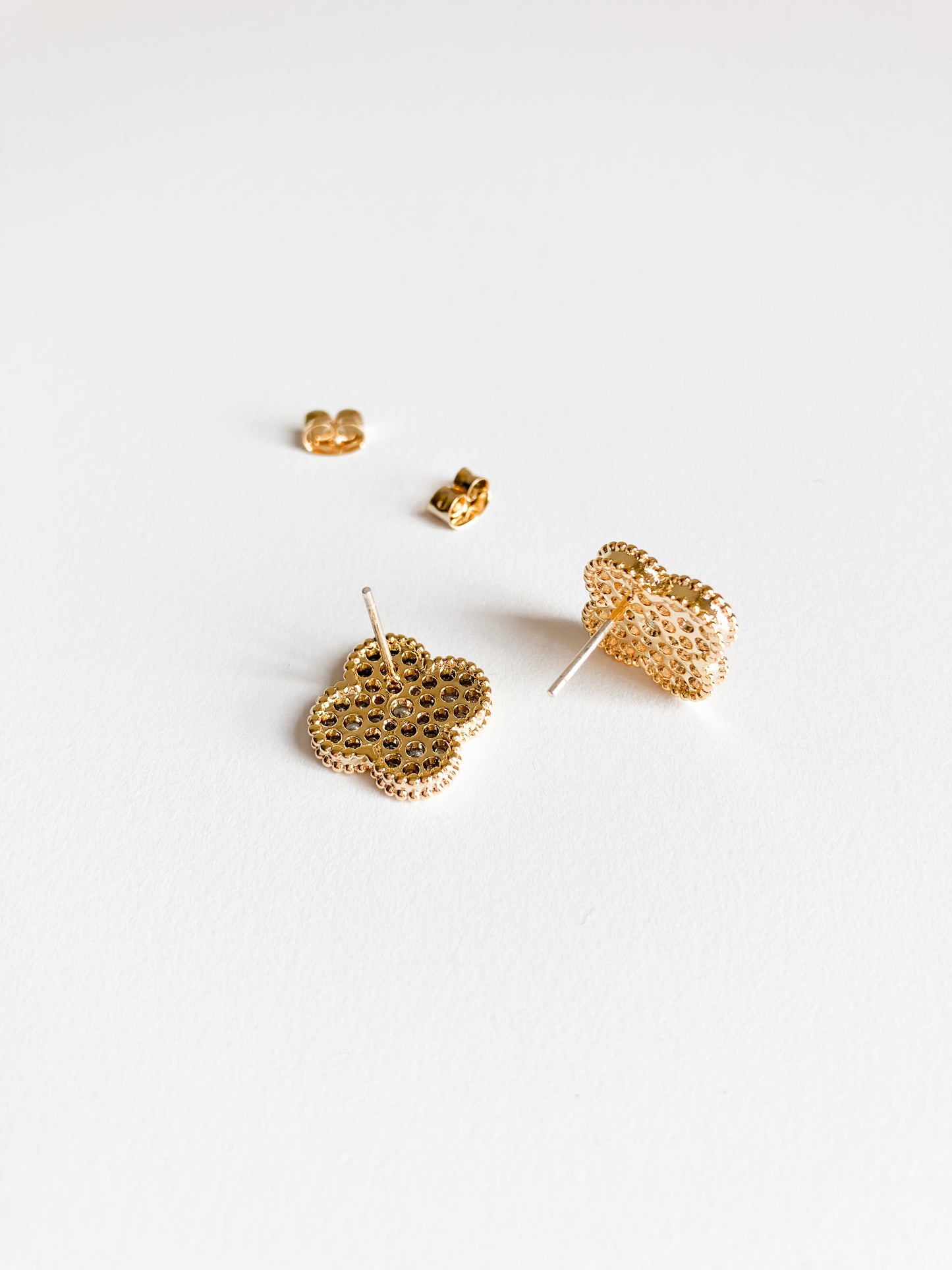 Pave Cubic Zirconia Quatrefoil Earrings with Gold Milgrain