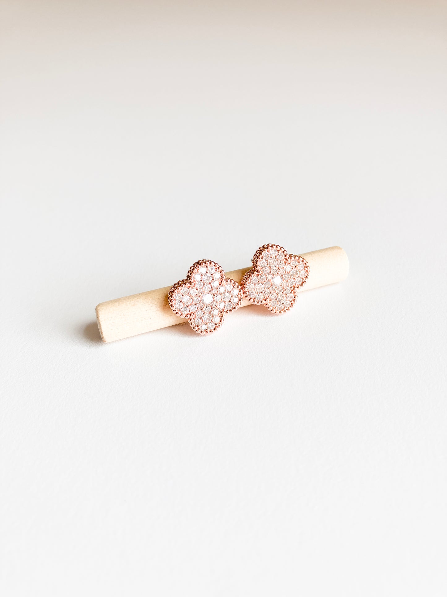Pave Cubic Zirconia Quatrefoil Earrings with Rose Gold Milgrain