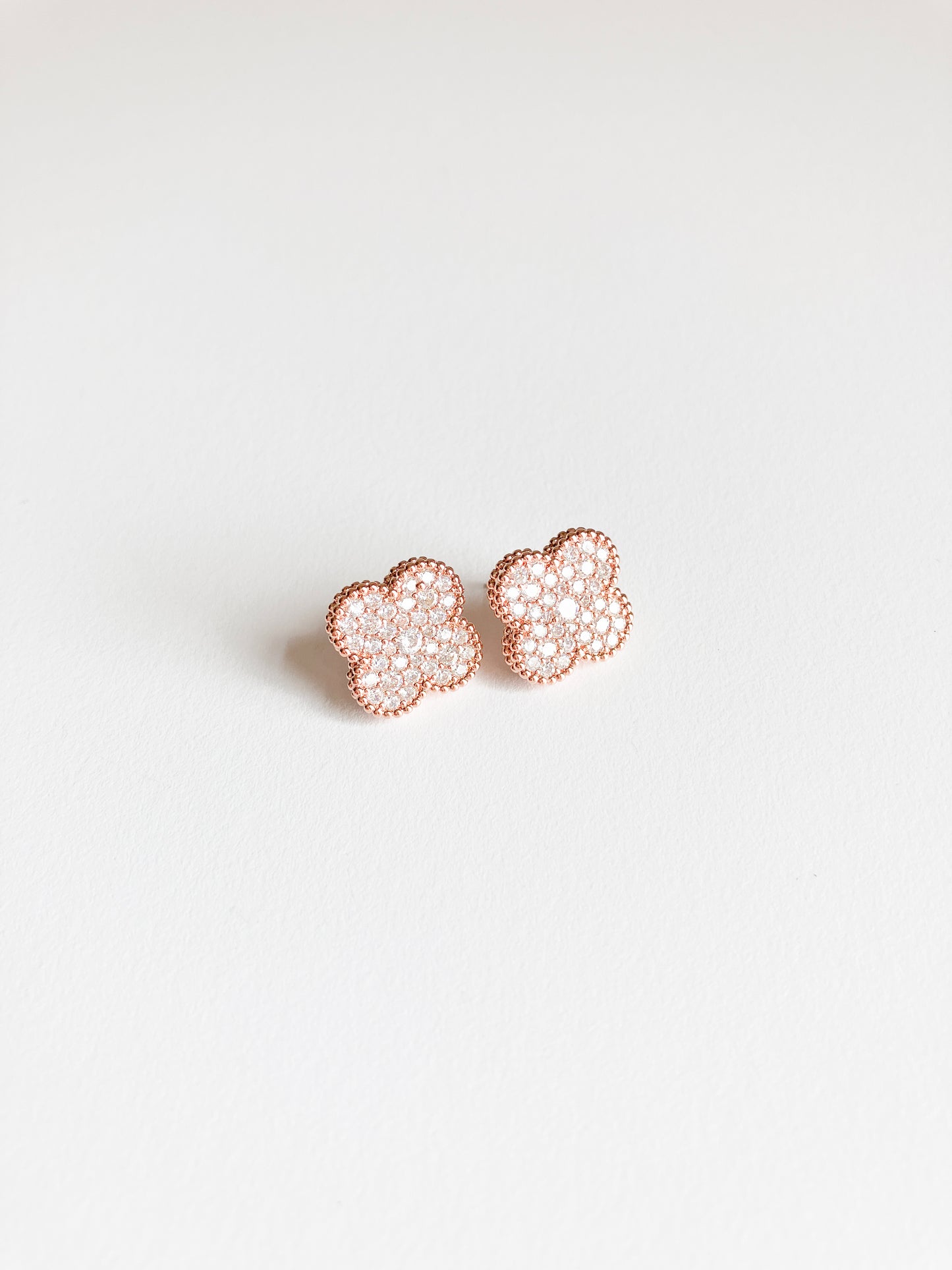Pave Cubic Zirconia Quatrefoil Earrings with Rose Gold Milgrain