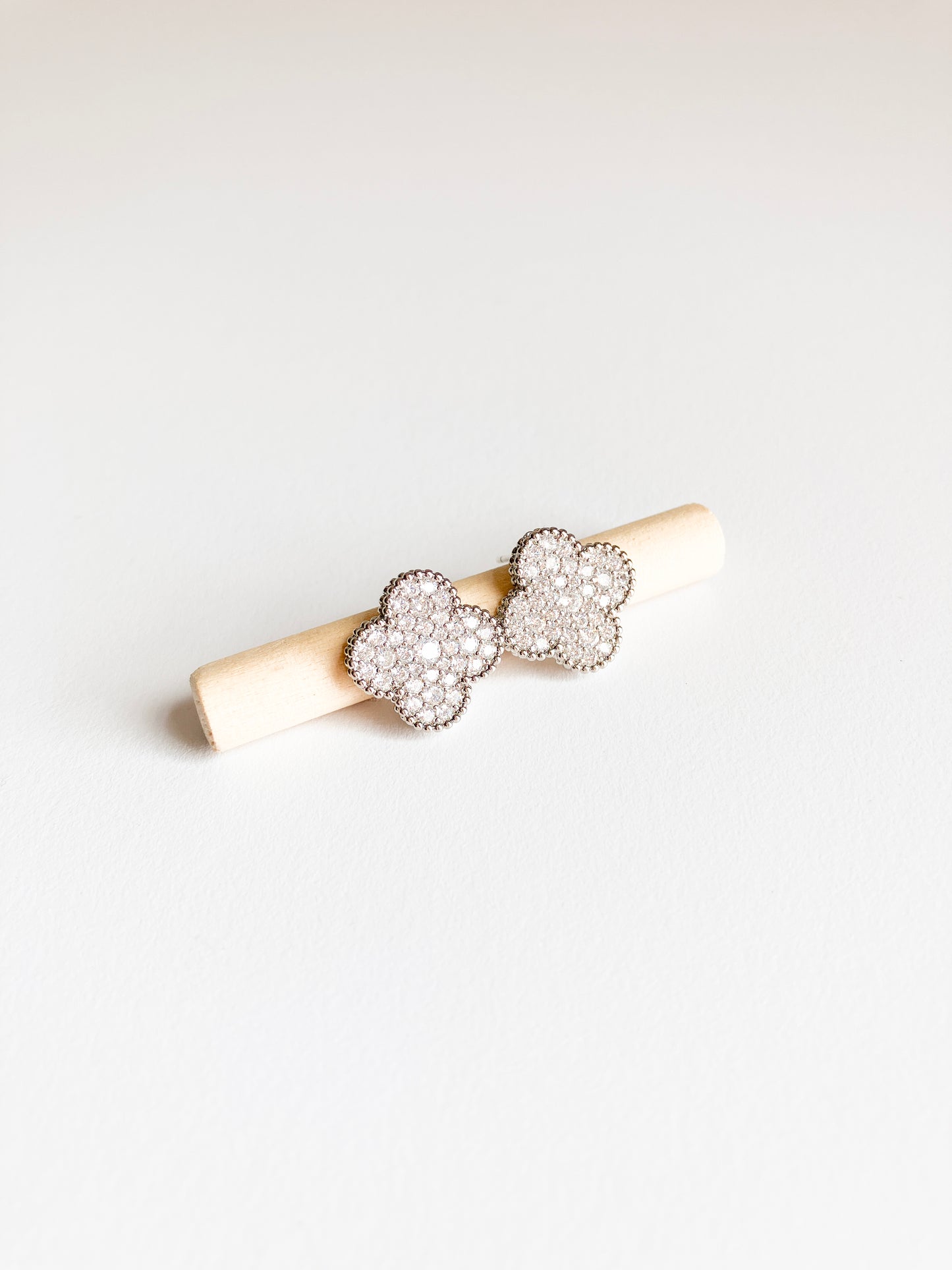 Pave Cubic Zirconia Quatrefoil Earrings with Silver Milgrain