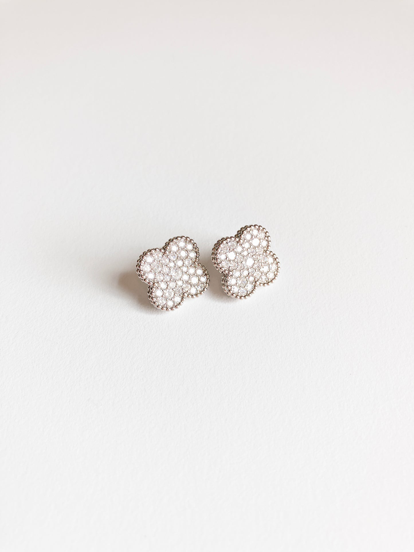 Pave Cubic Zirconia Quatrefoil Earrings with Silver Milgrain