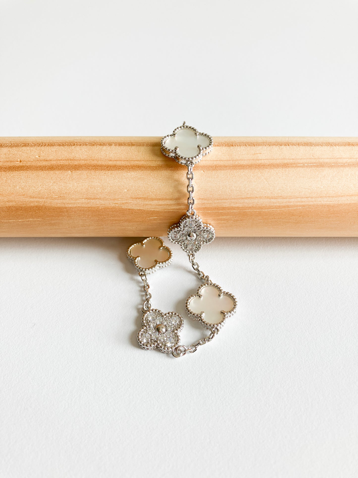 Cubic Zirconia and Mother of Pearl Demi Quatrefoil Bracelet in Silver