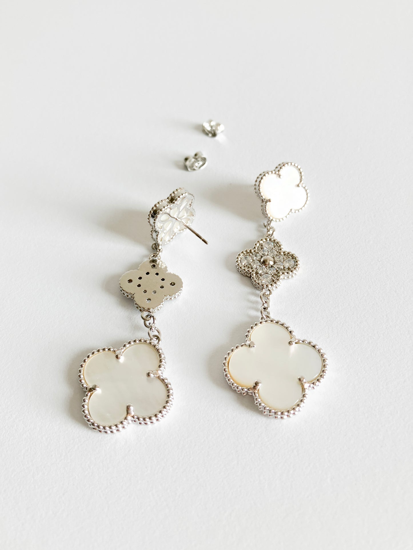 Cubic Zirconia and Mother of Pearl Quatrefoil Triple Drop Earrings in Silver