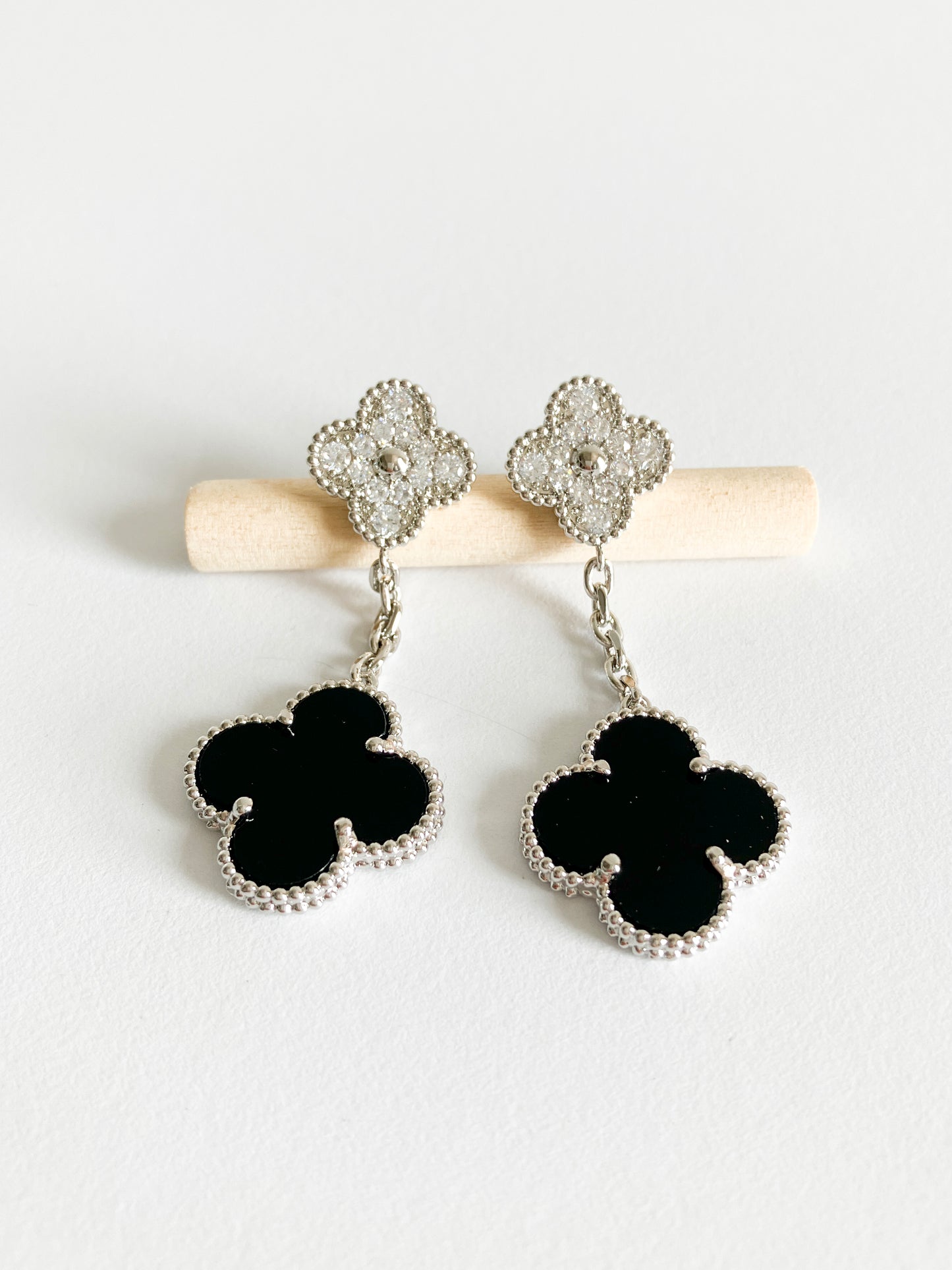 Cubic Zirconia and Onyx Quatrefoil Double Drop Earrings in Silver