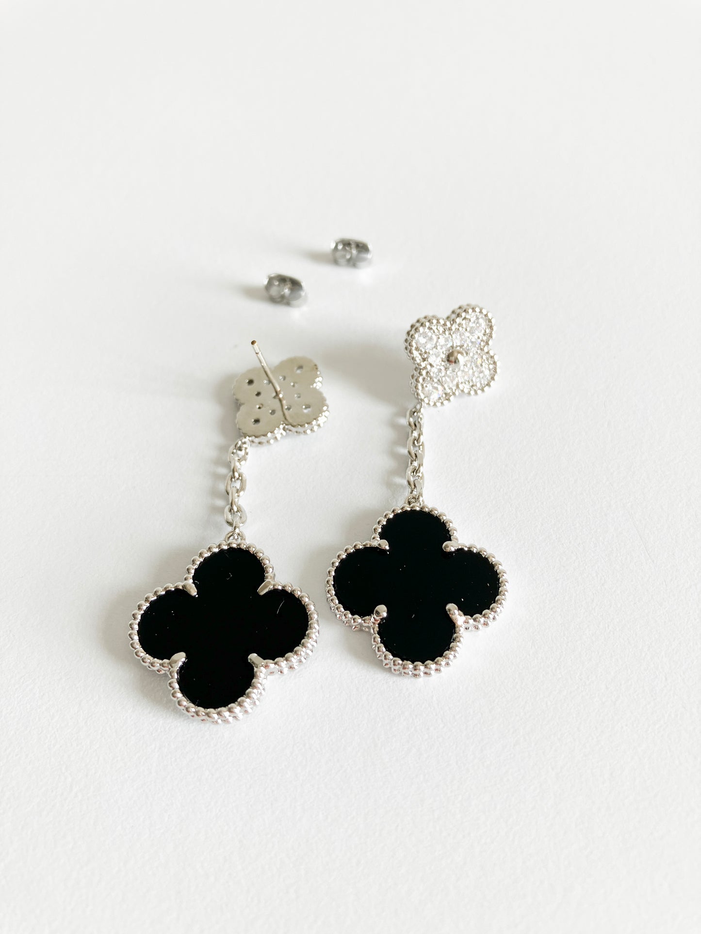Cubic Zirconia and Onyx Quatrefoil Double Drop Earrings in Silver