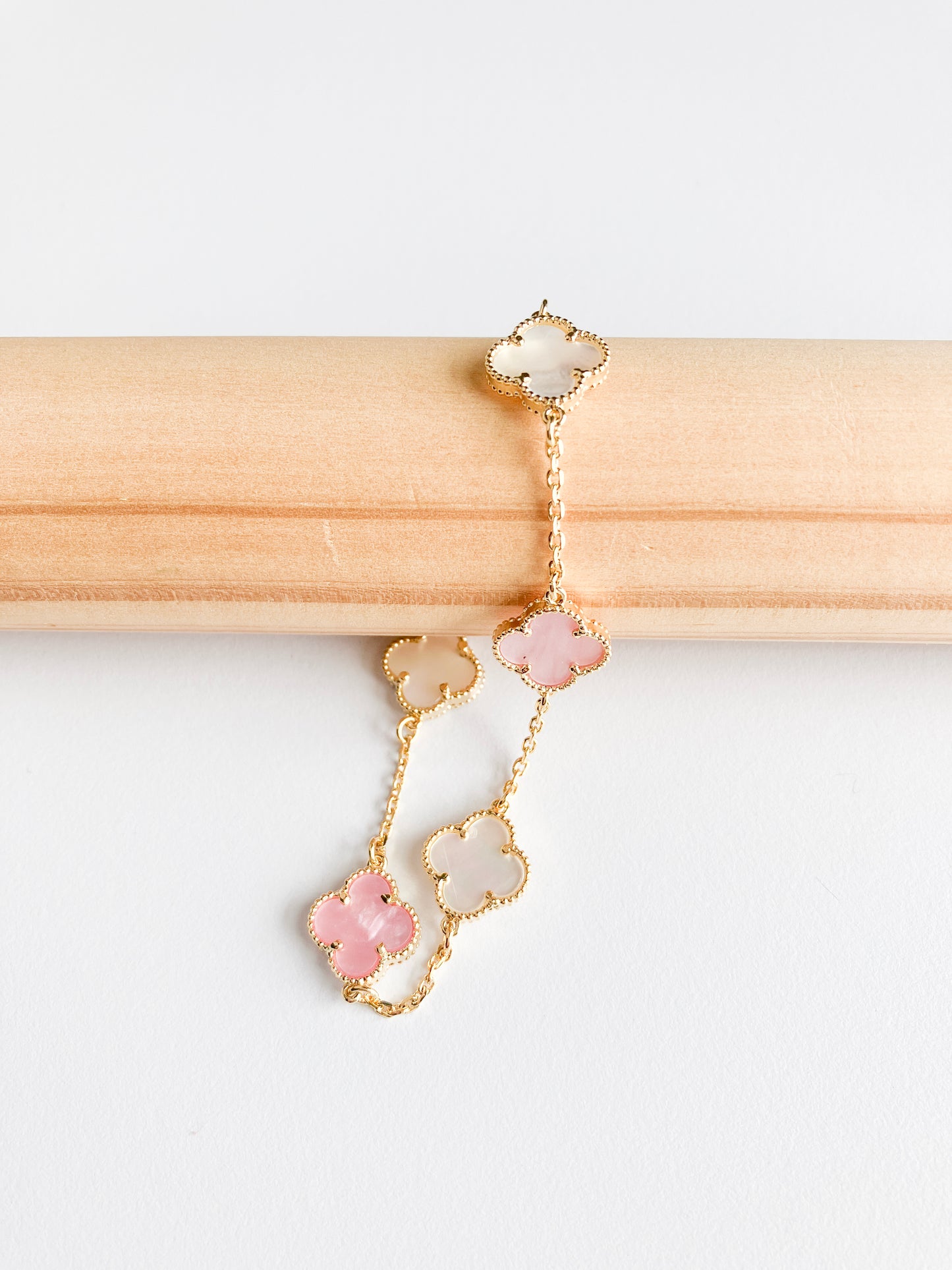 Adjustable 7.5" Pink and White Mother of Pearl Mini Quatrefoil Bracelet in Gold