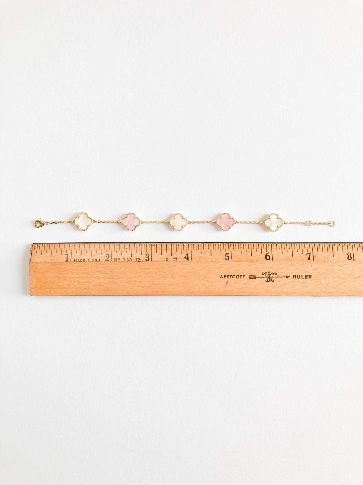 Adjustable 7.5" Pink and White Mother of Pearl Mini Quatrefoil Bracelet in Gold