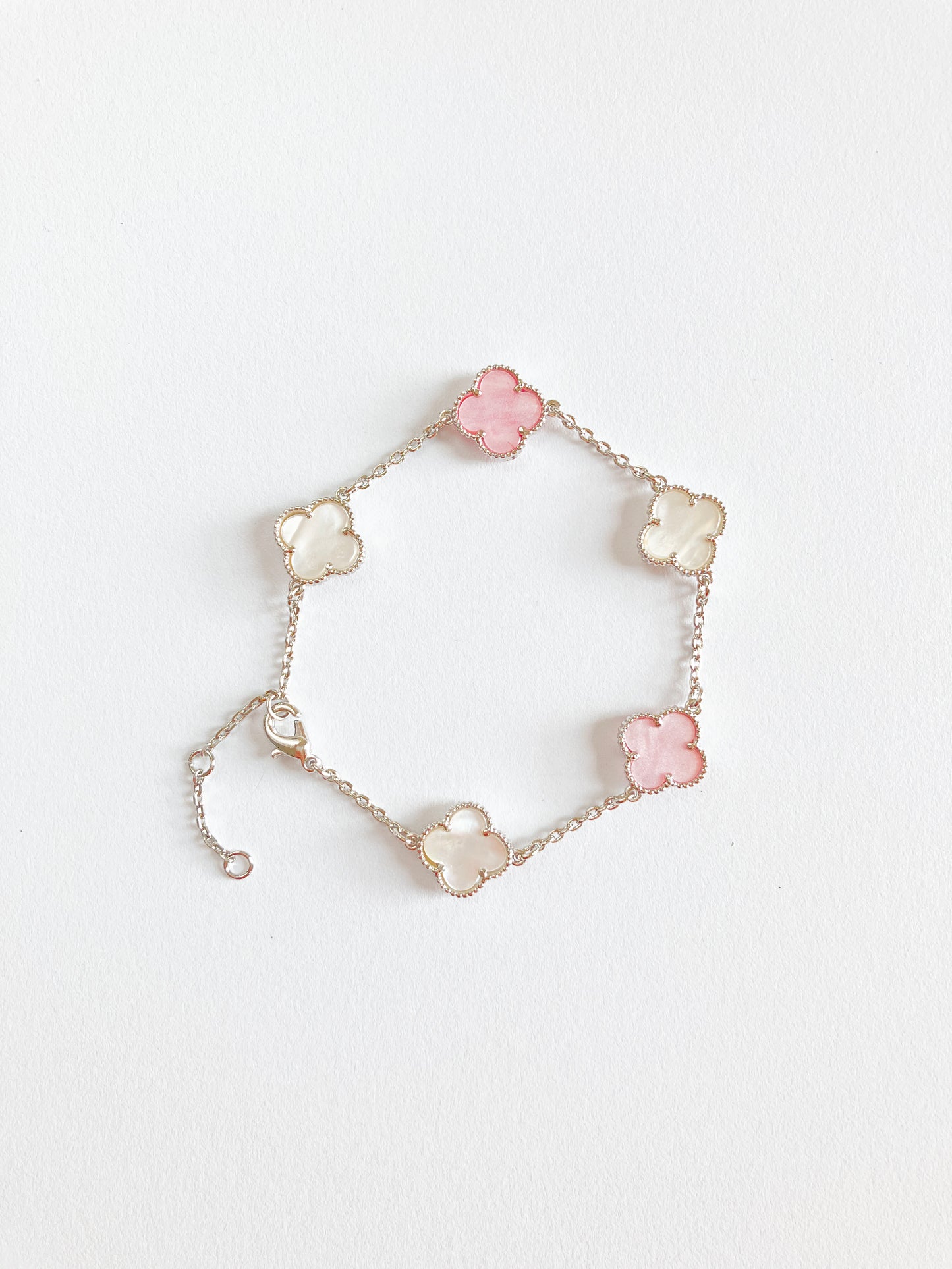 Adjustable 8" Pink and White Mother of Pearl Mini Quatrefoil Bracelet in Silver