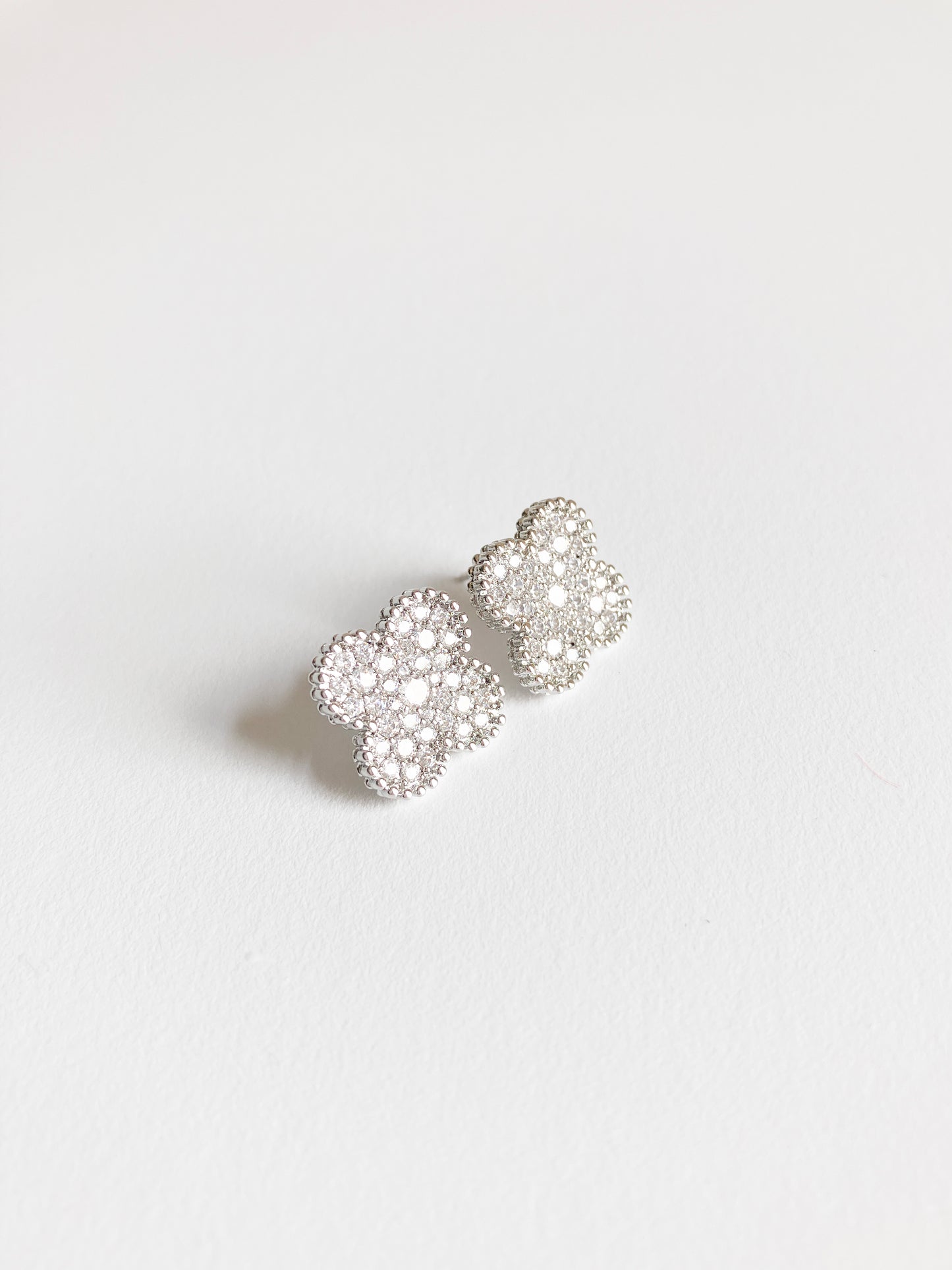 Pave Cubic Zirconia Quatrefoil Earrings with Silver Perlage