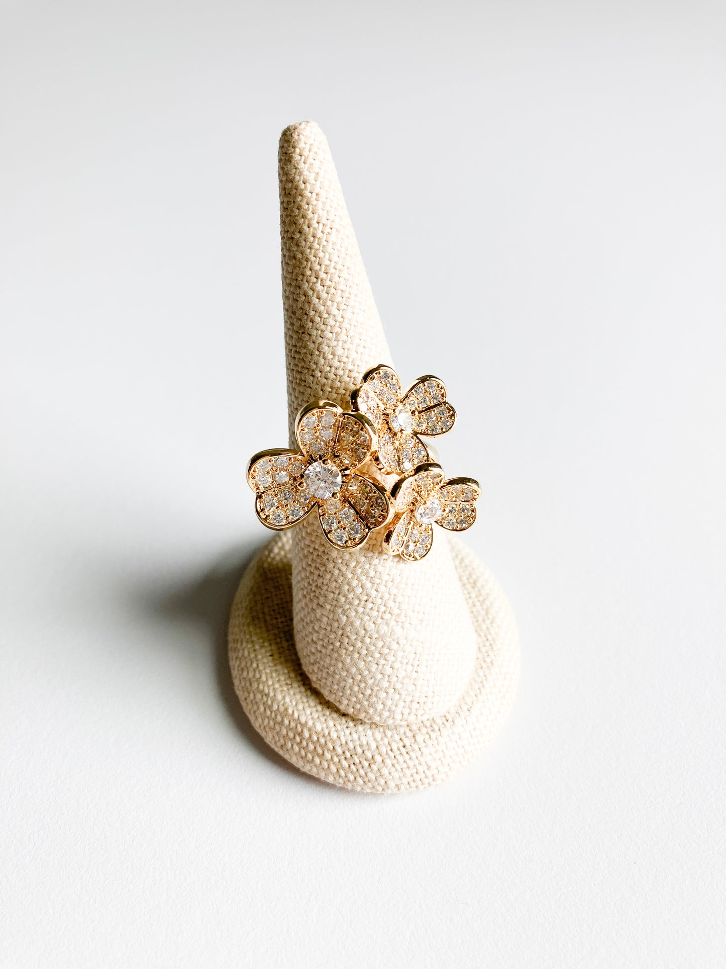 Cubic Zirconia Triple Cluster Clover Ring in Gold