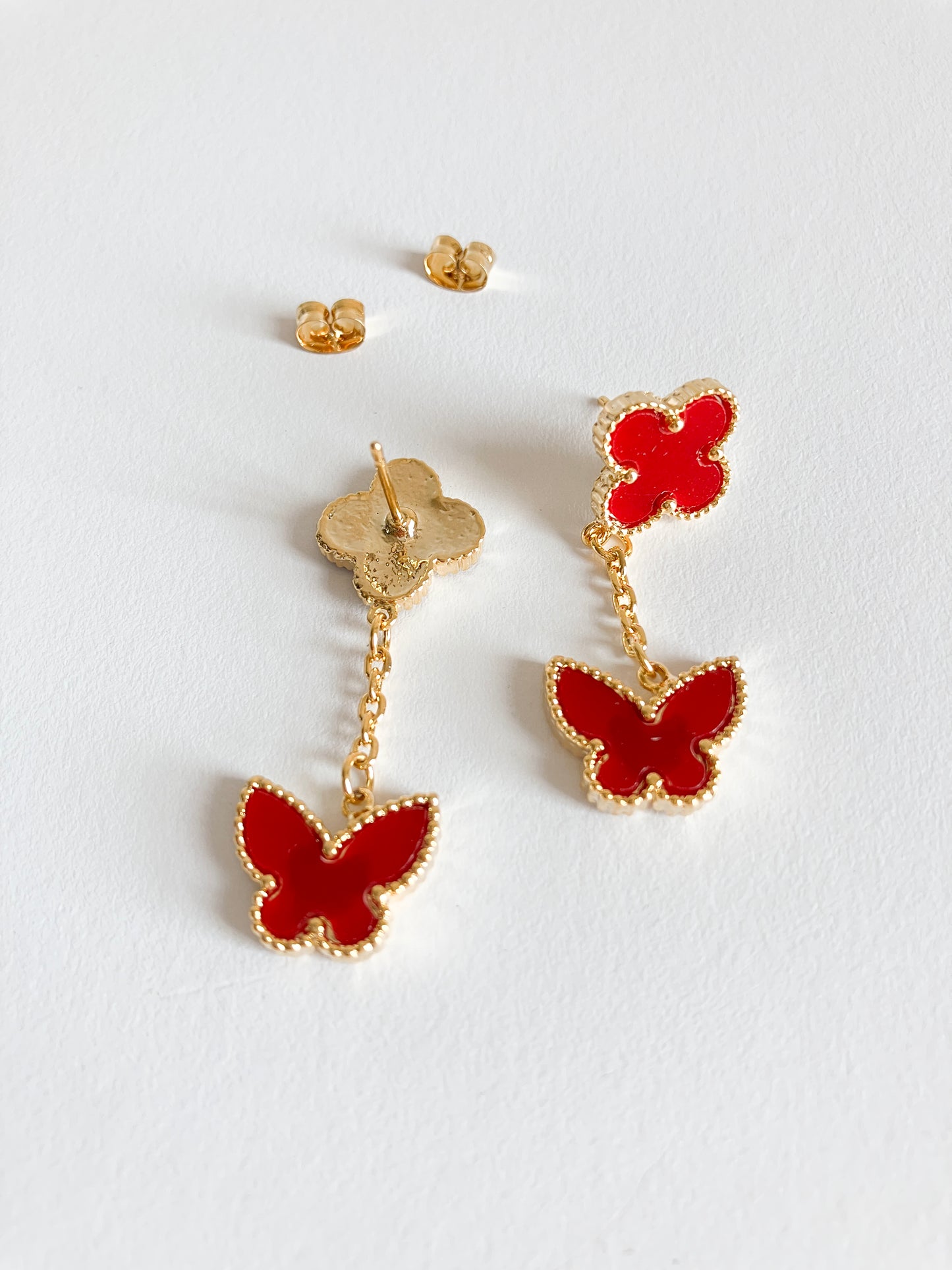 Carnelian Quatrefoil and Butterfly Drop Earrings in Gold