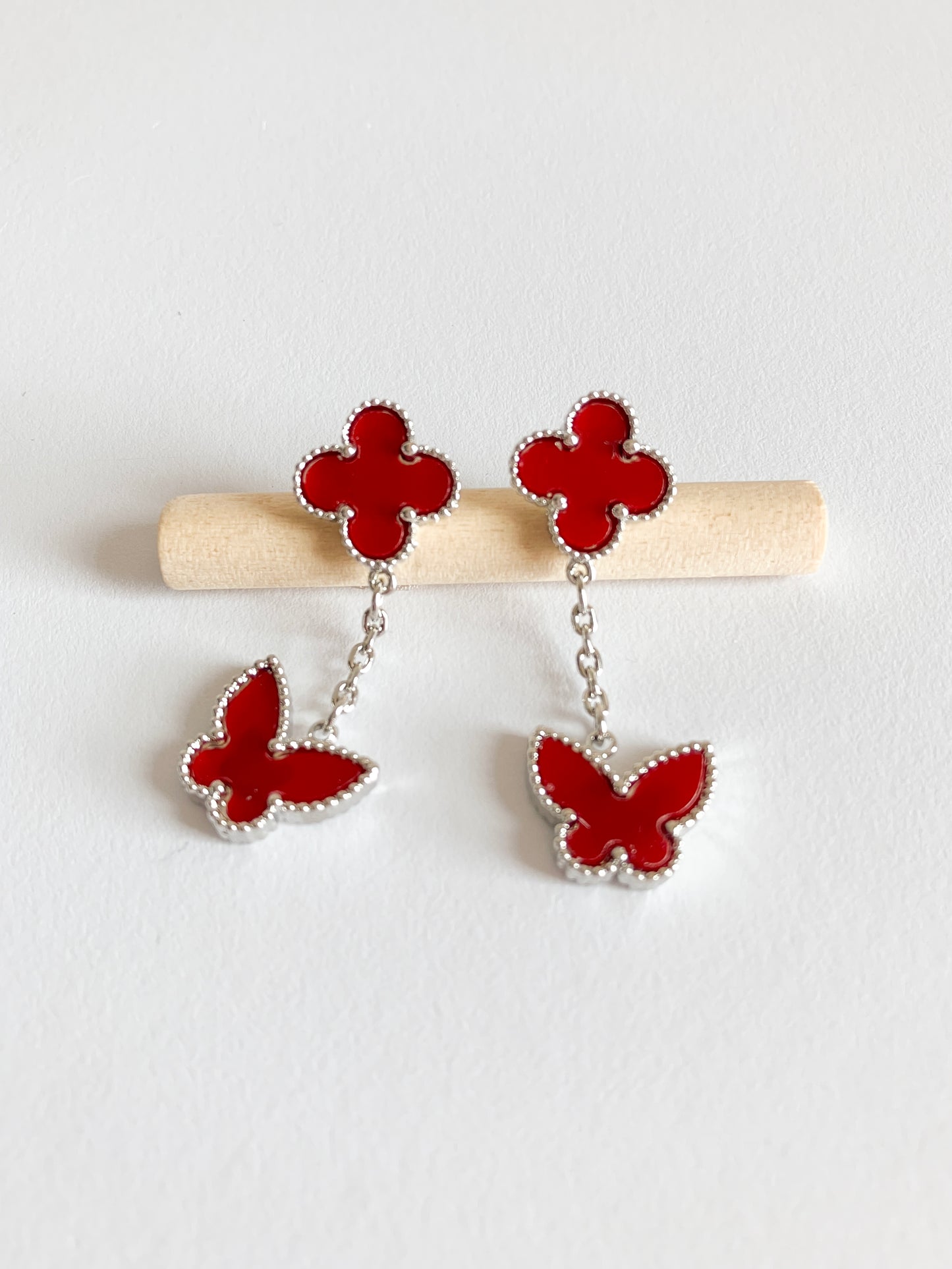 Carnelian Quatrefoil and Butterfly Drop Earrings in Silver
