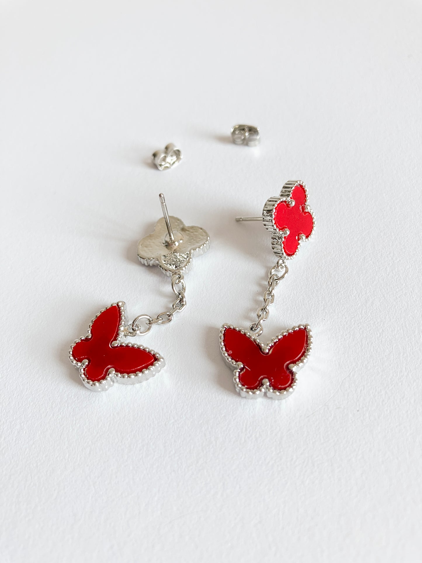Carnelian Quatrefoil and Butterfly Drop Earrings in Silver