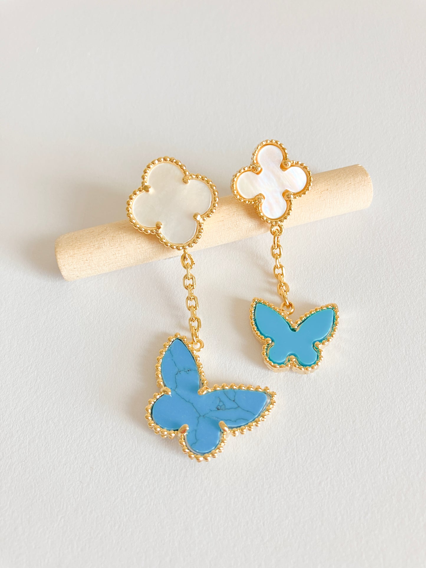 Opulent Mother of Pearl Quatrefoil and Turquoise Butterfly Drop Earrings in Gold