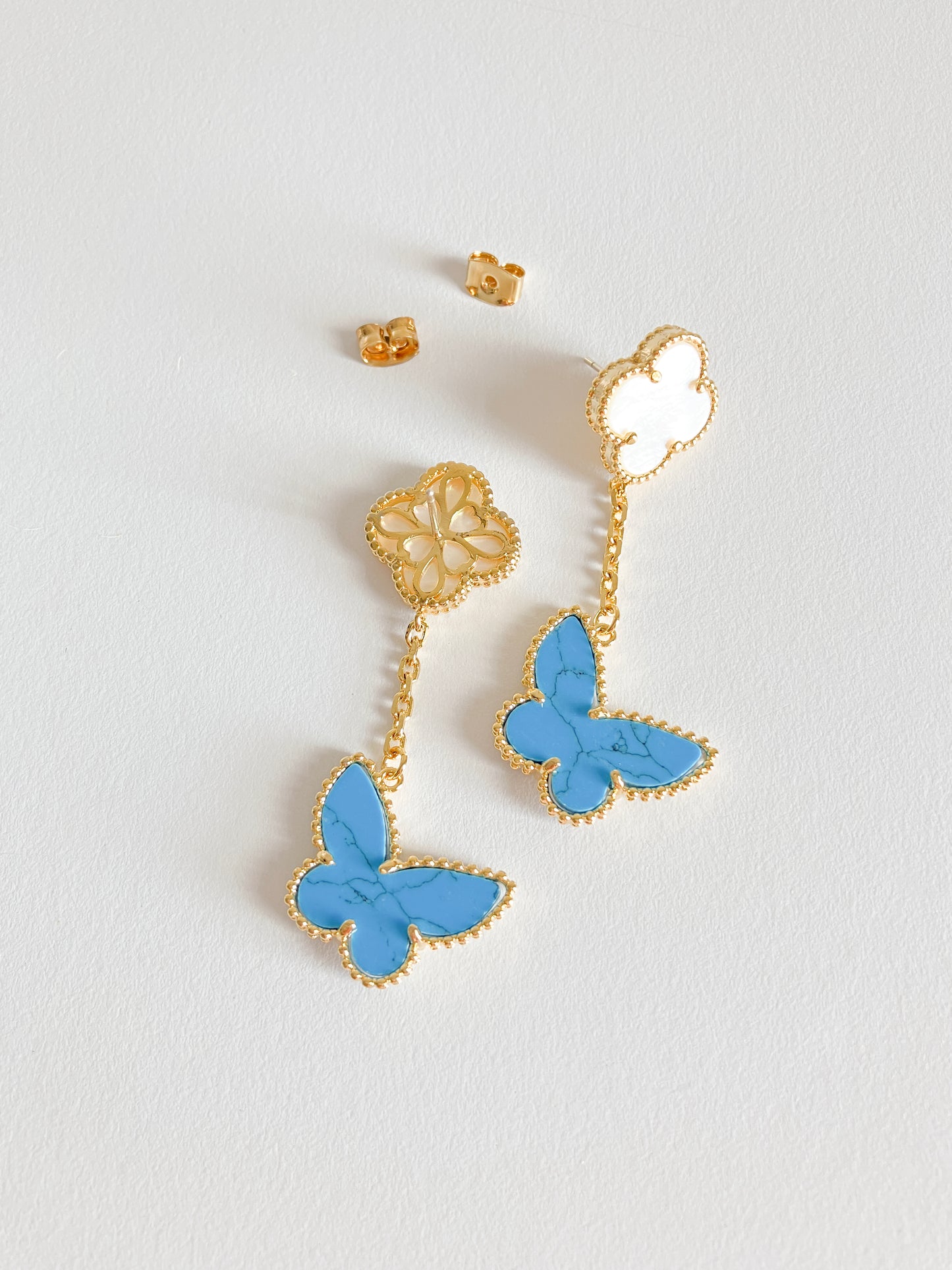 Opulent Mother of Pearl Quatrefoil and Turquoise Butterfly Drop Earrings in Gold