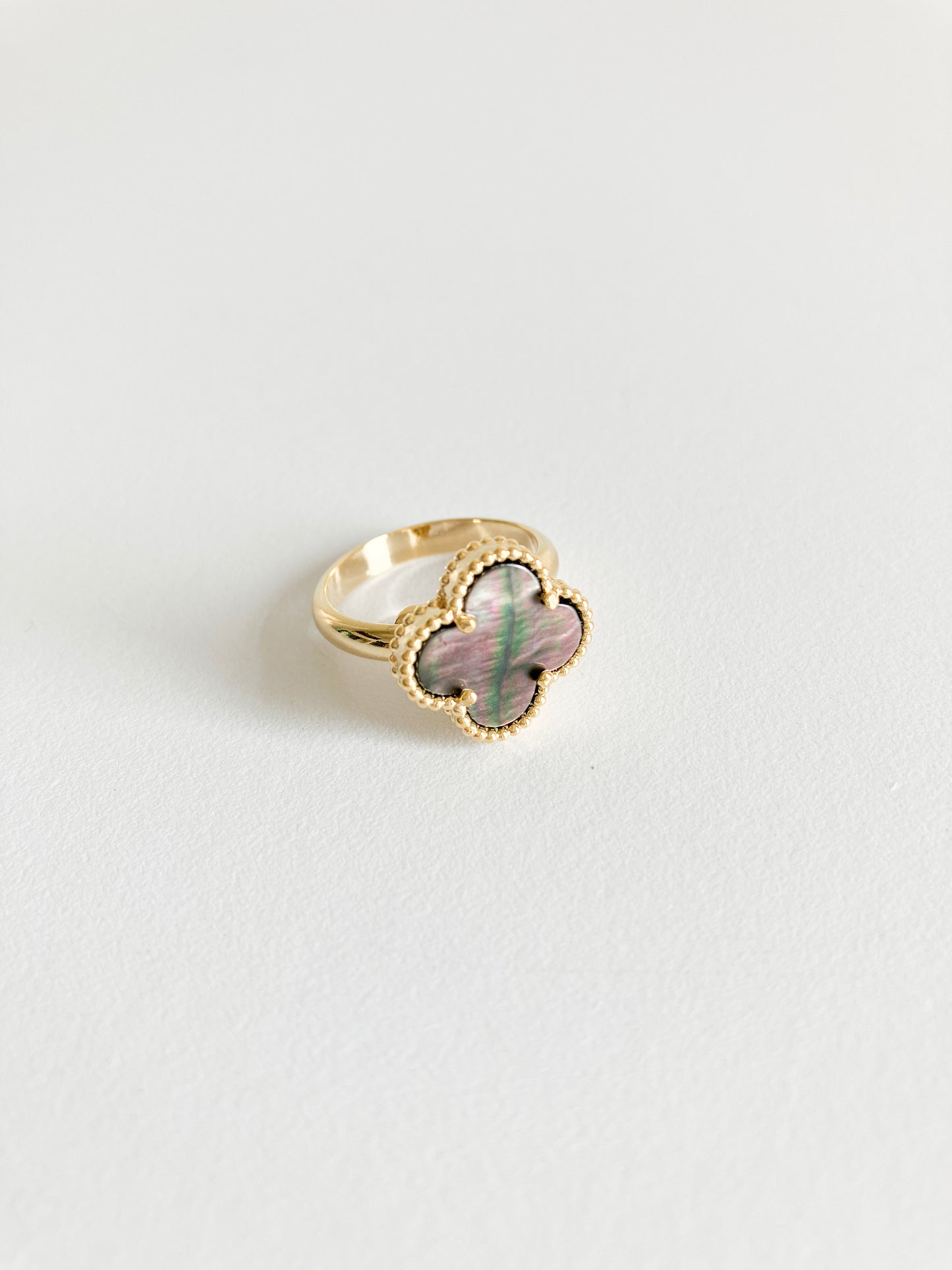 Gray Mother of Pearl Demi Quatrefoil Ring in Gold
