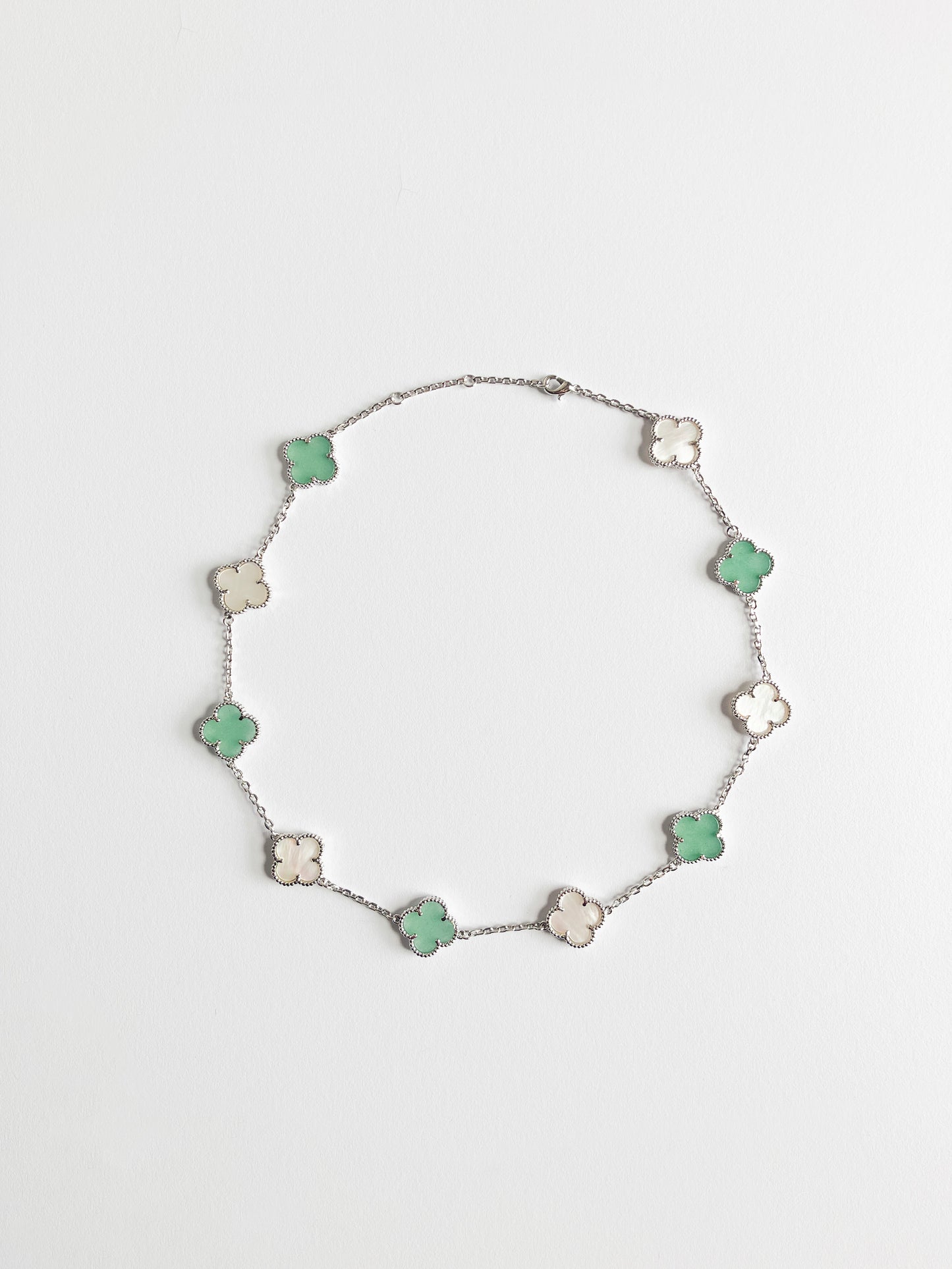 Jade and Mother of Pearl Quatrefoil Necklace in Silver