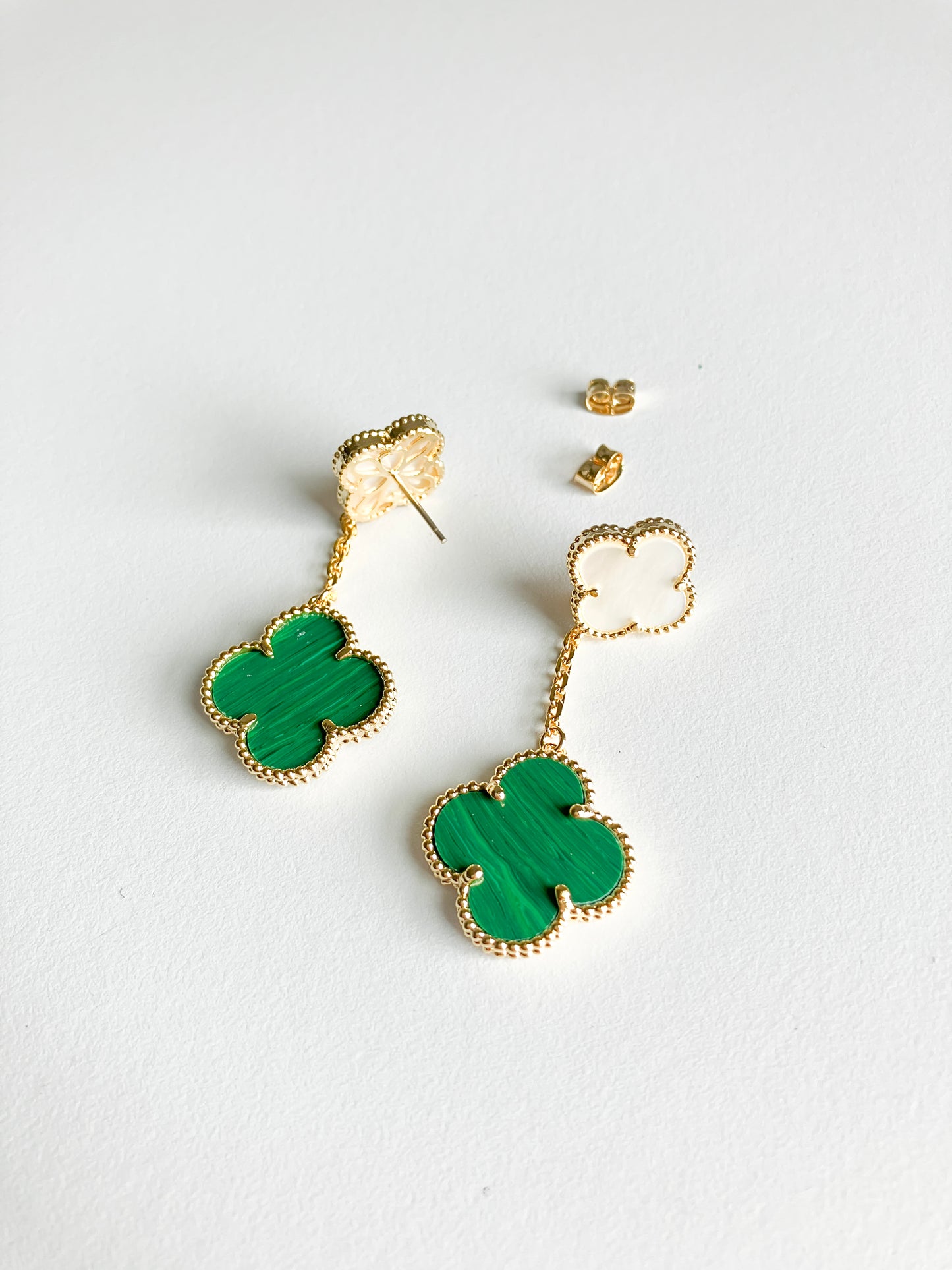 Malachite and Mother of Pearl Quatrefoil Double Drop Earrings in Gold