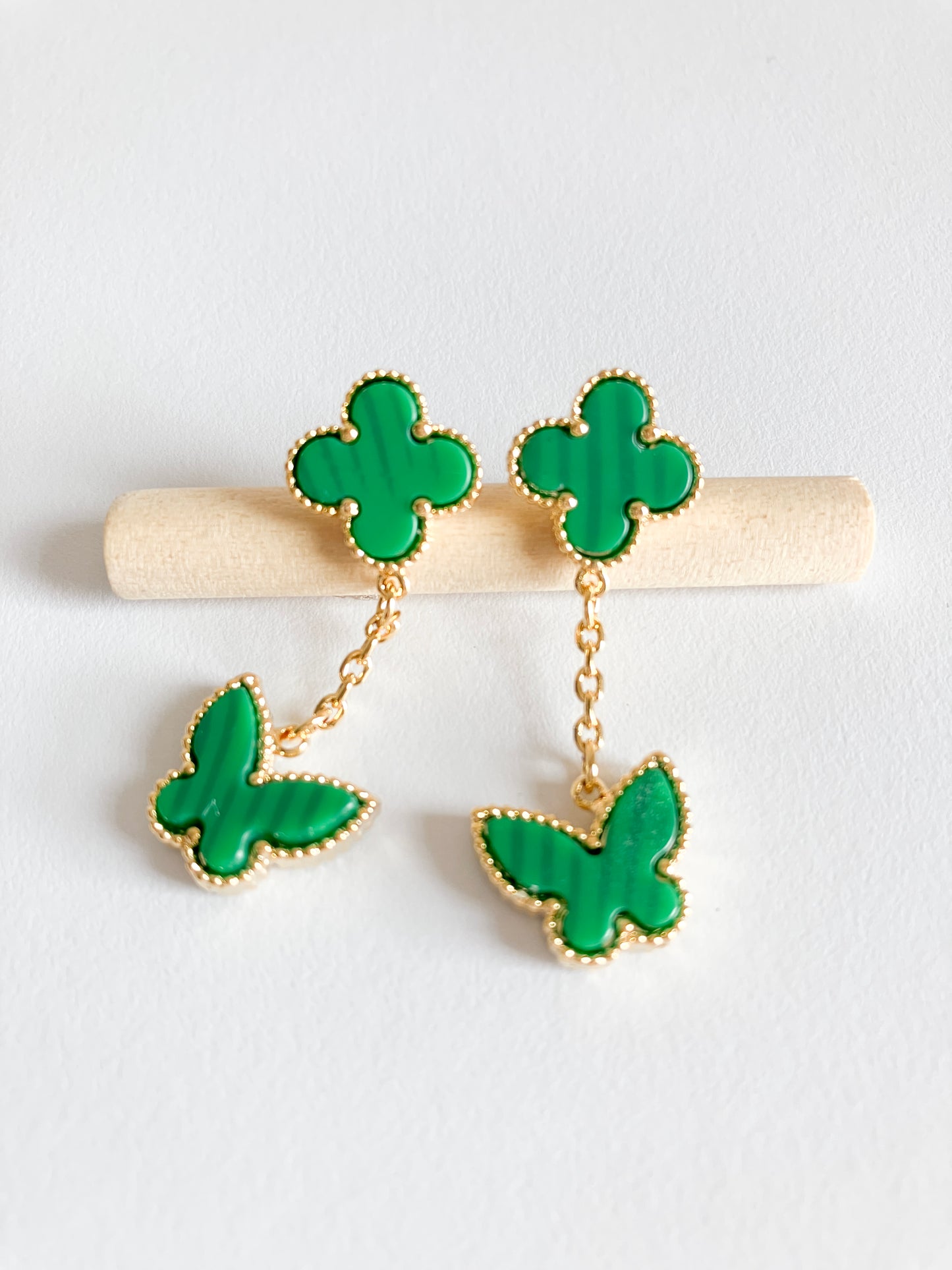 Malachite Quatrefoil and Butterfly Drop Earrings in Gold