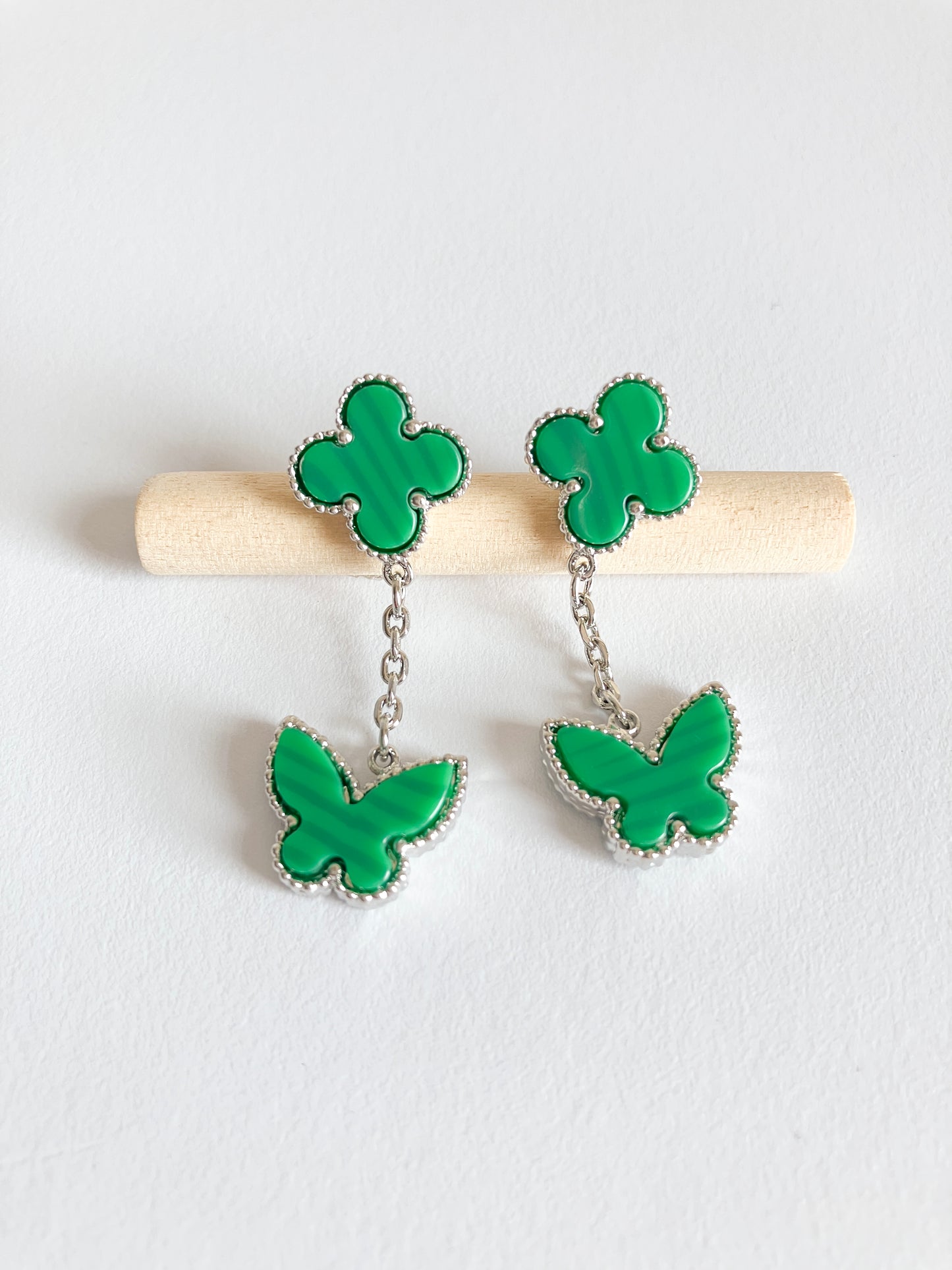 Malachite Quatrefoil and Butterfly Drop Earrings in Silver