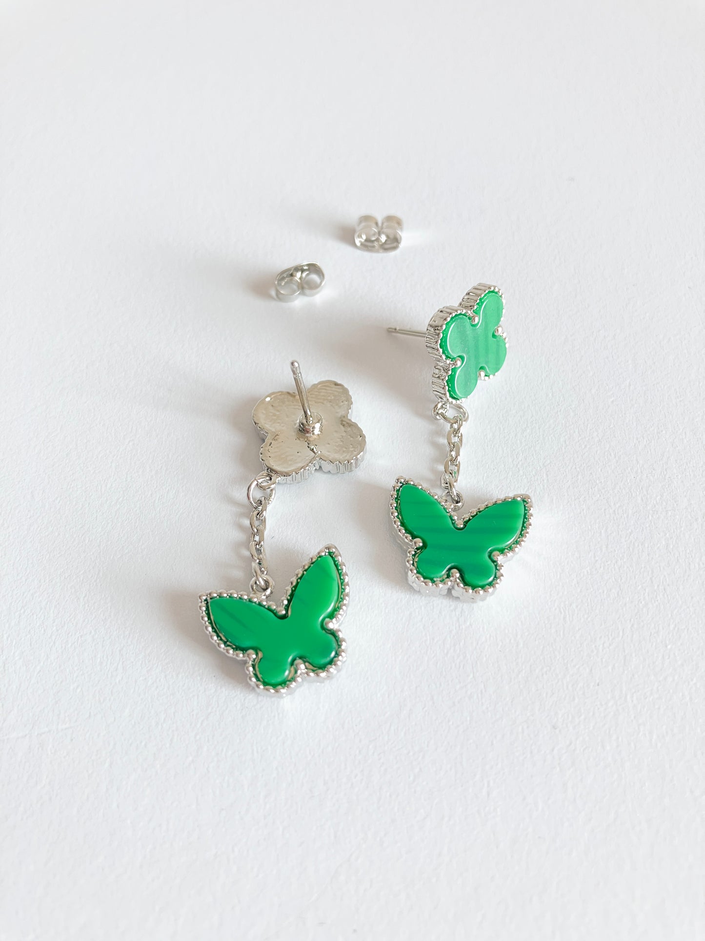 Malachite Quatrefoil and Butterfly Drop Earrings in Silver