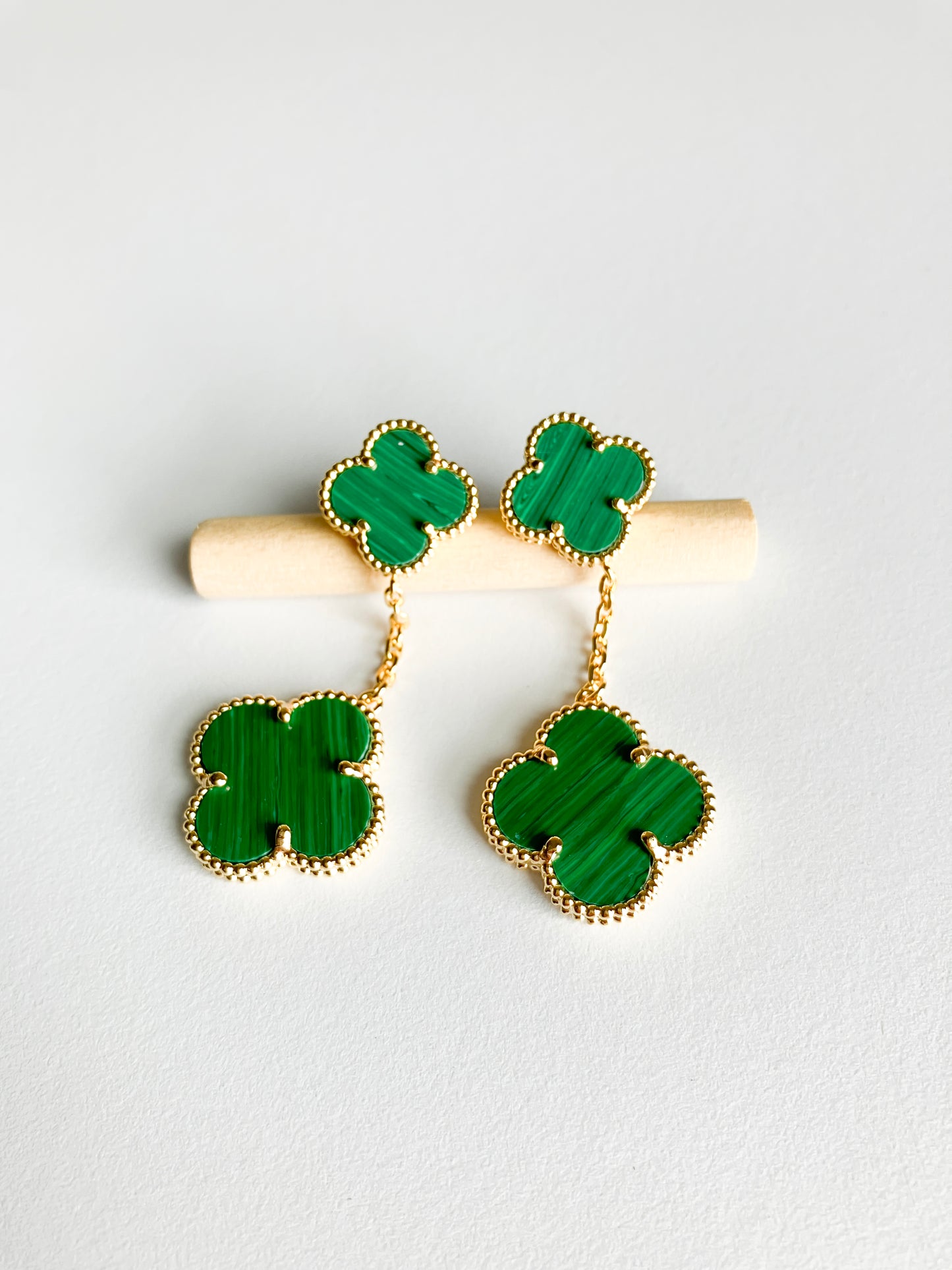 Malachite Quatrefoil Double Drop Earrings in Gold
