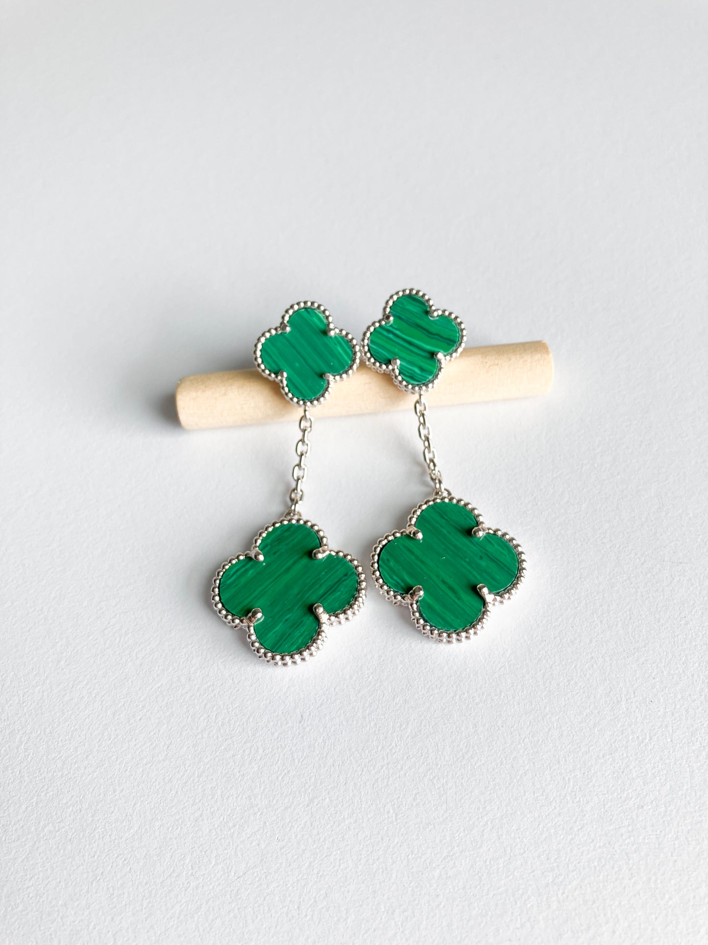 Malachite Quatrefoil Double Drop Earrings in Silver