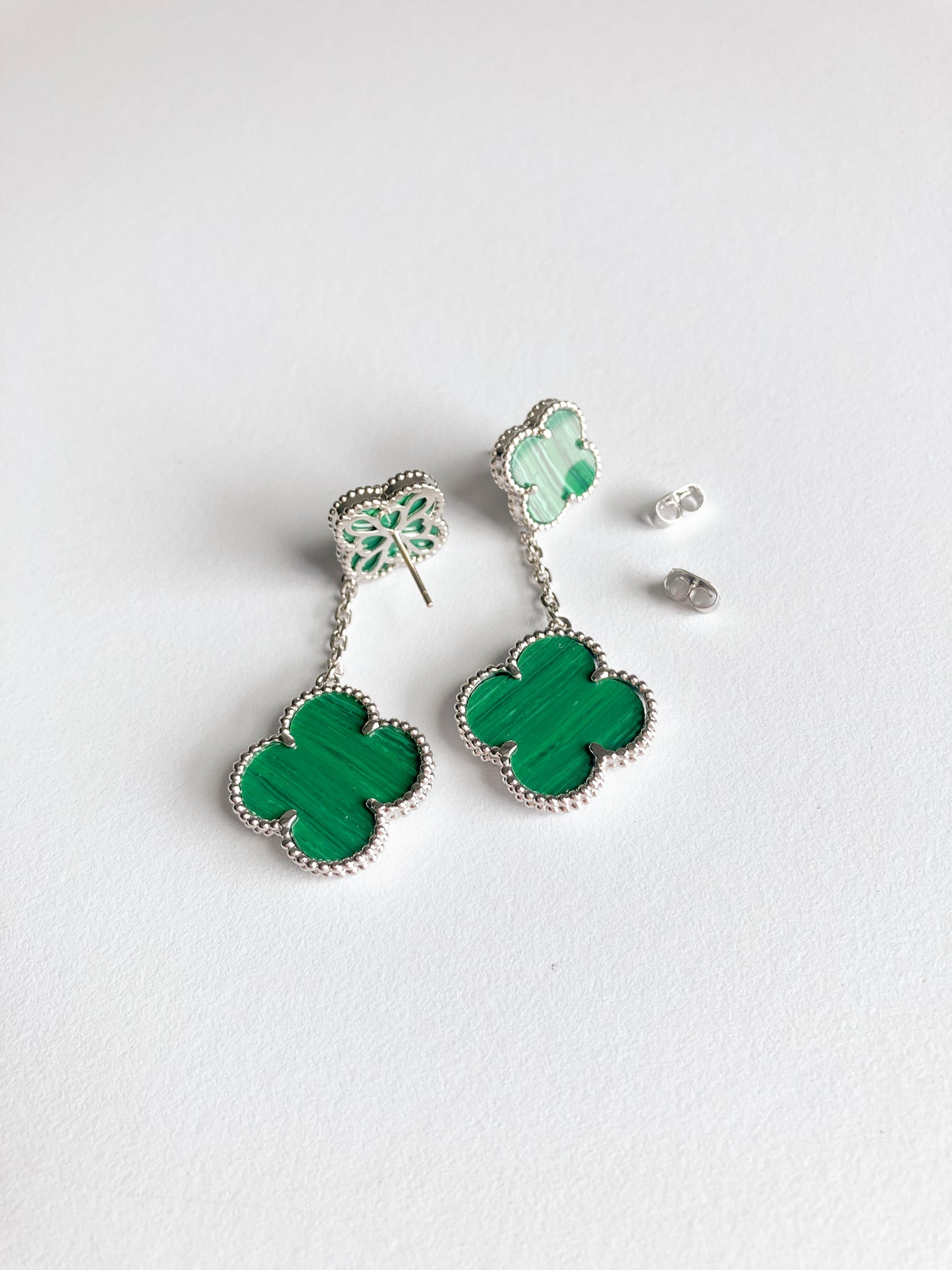 Malachite Quatrefoil Double Drop Earrings in Silver