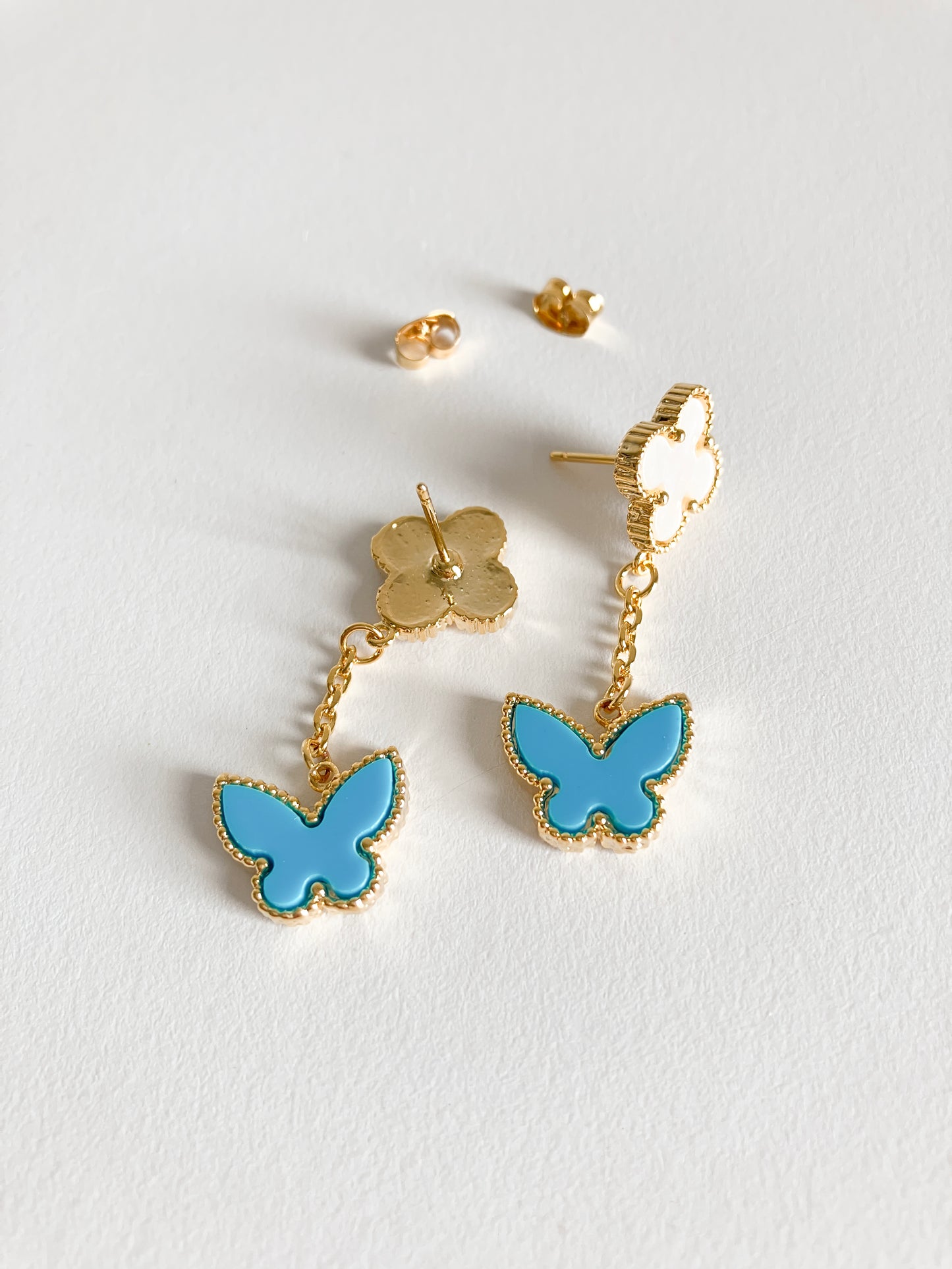 Mother of Pearl Quatrefoil and Turquoise Butterfly Drop Earrings in Gold