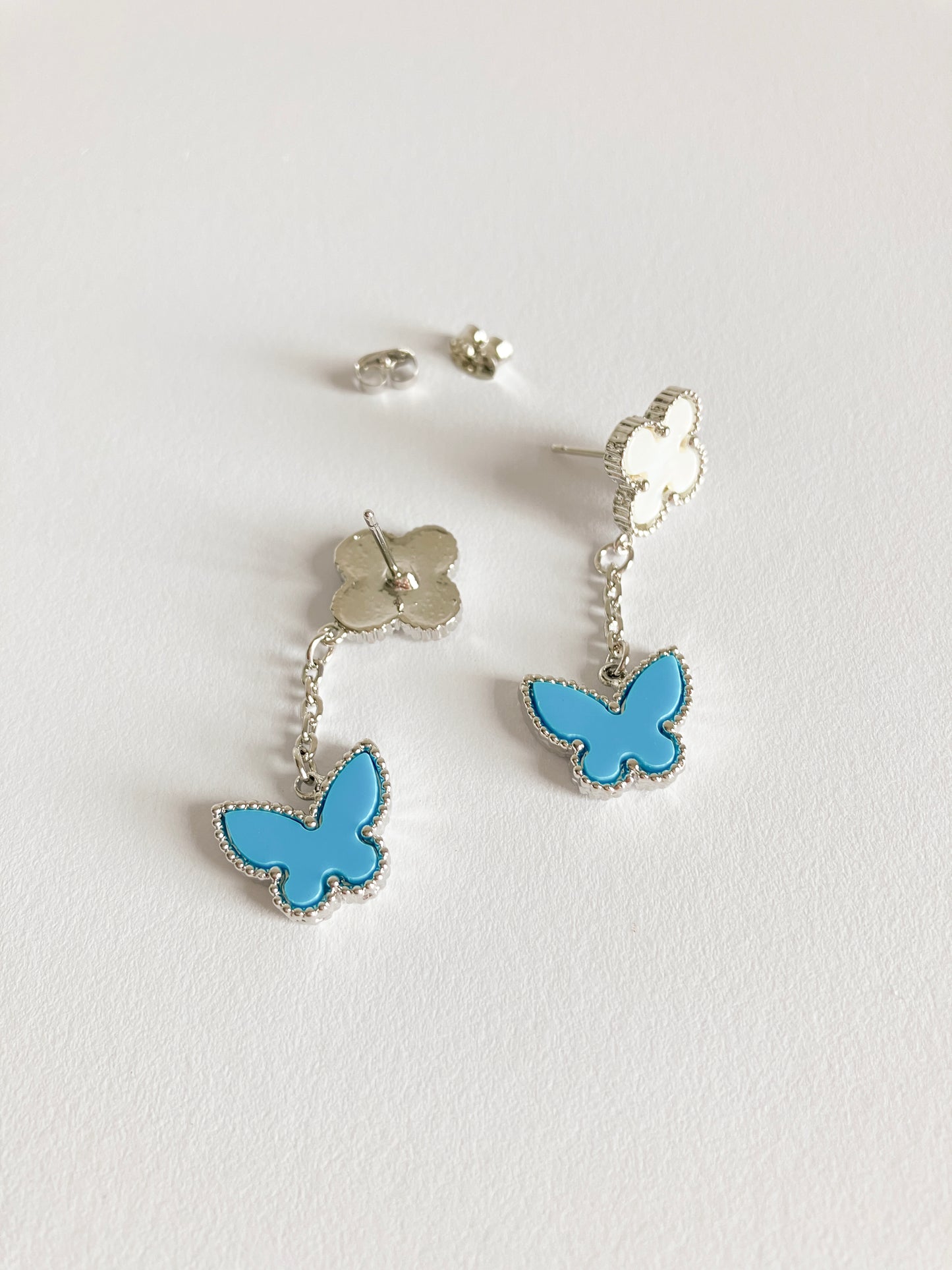 Mother of Pearl Quatrefoil and Turquoise Butterfly Drop Earrings in Silver