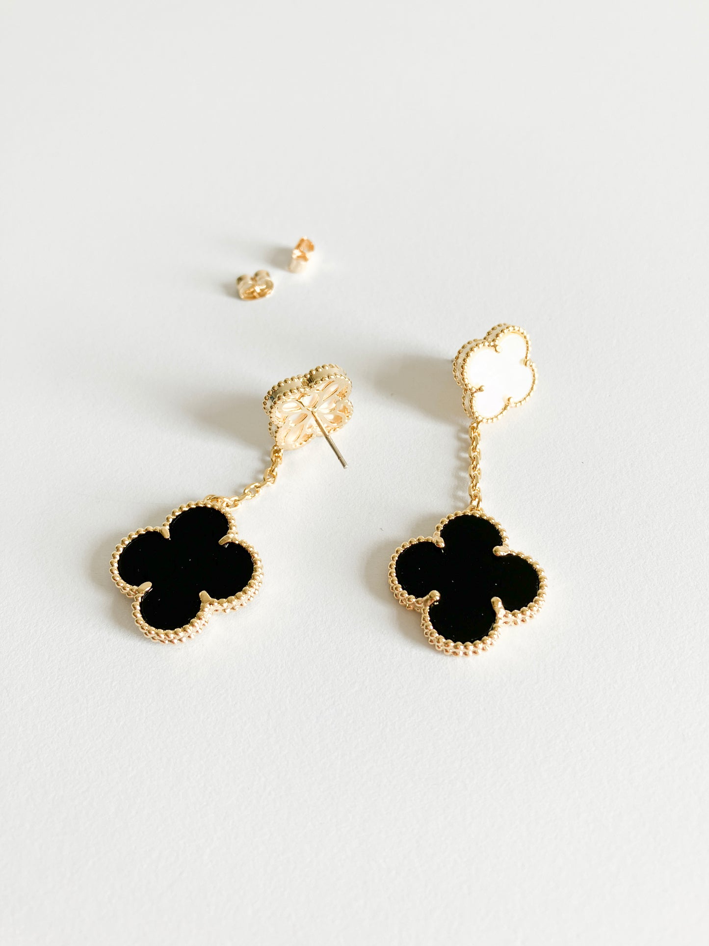 Onyx and Mother of Pearl Quatrefoil Double Drop Earrings in Gold