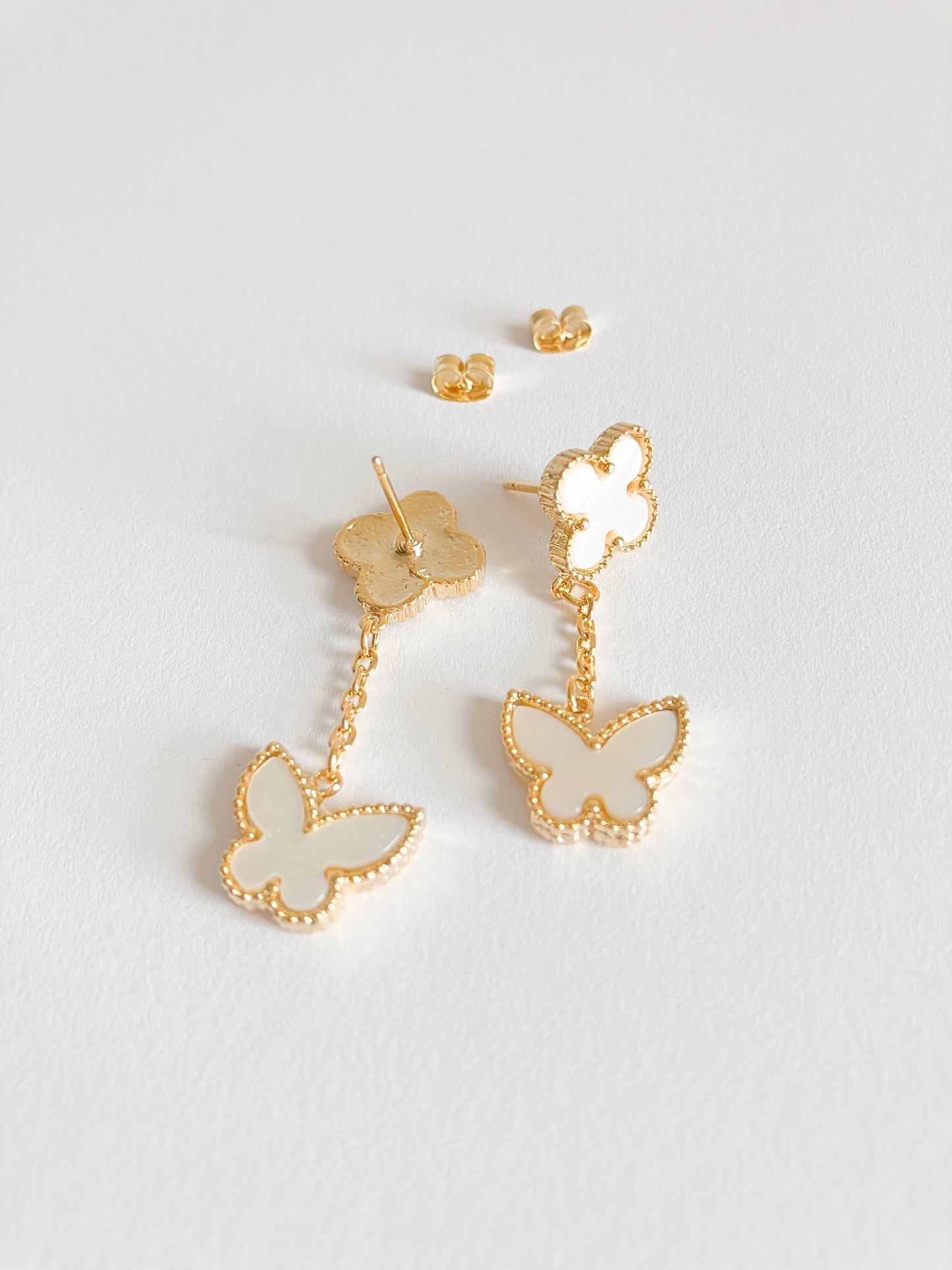 Mother of Pearl Quatrefoil and Butterfly Drop Earrings in Gold