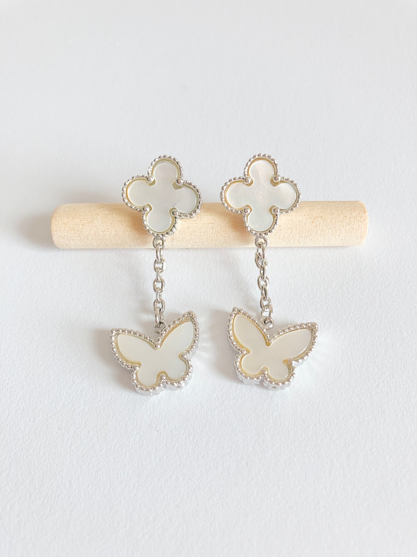 Mother of Pearl Quatrefoil and Butterfly Drop Earrings in Silver