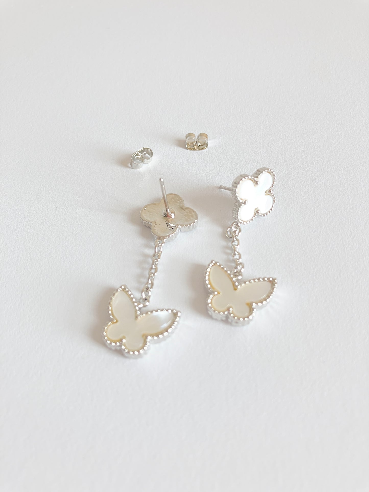 Mother of Pearl Quatrefoil and Butterfly Drop Earrings in Silver