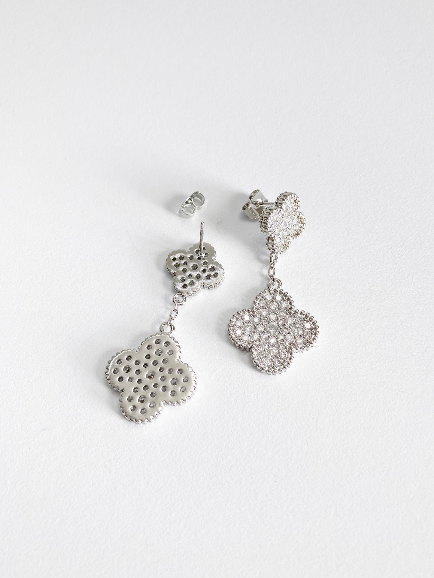 Cubic Zirconia Quatrefoil Double Drop Earrings in Silver