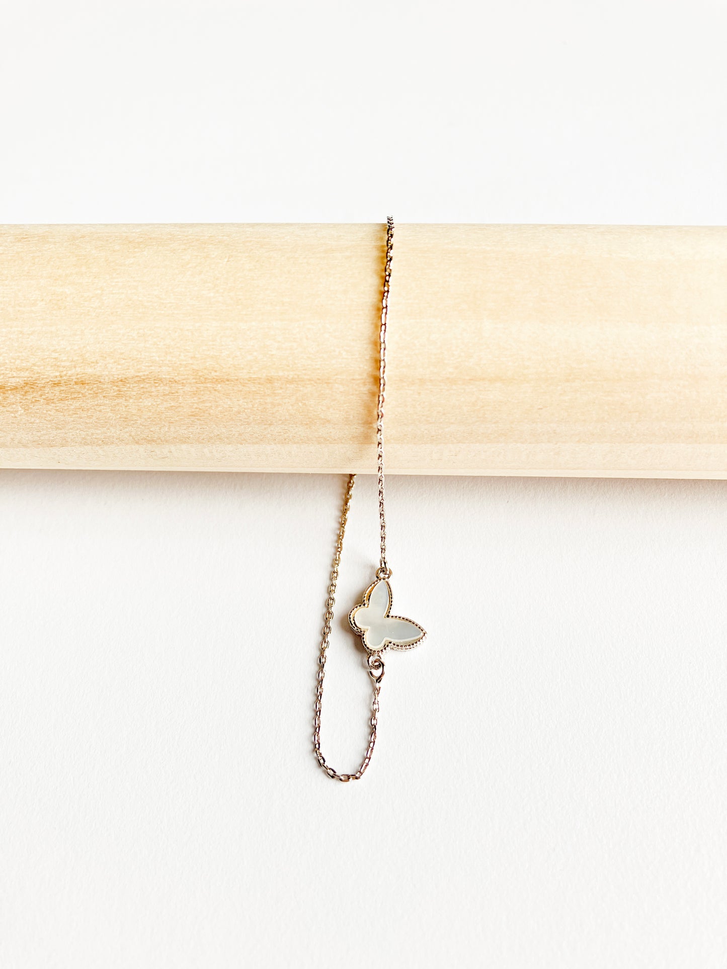 Mini Mother of Pearl Butterfly Adjustable Bracelet in Silver