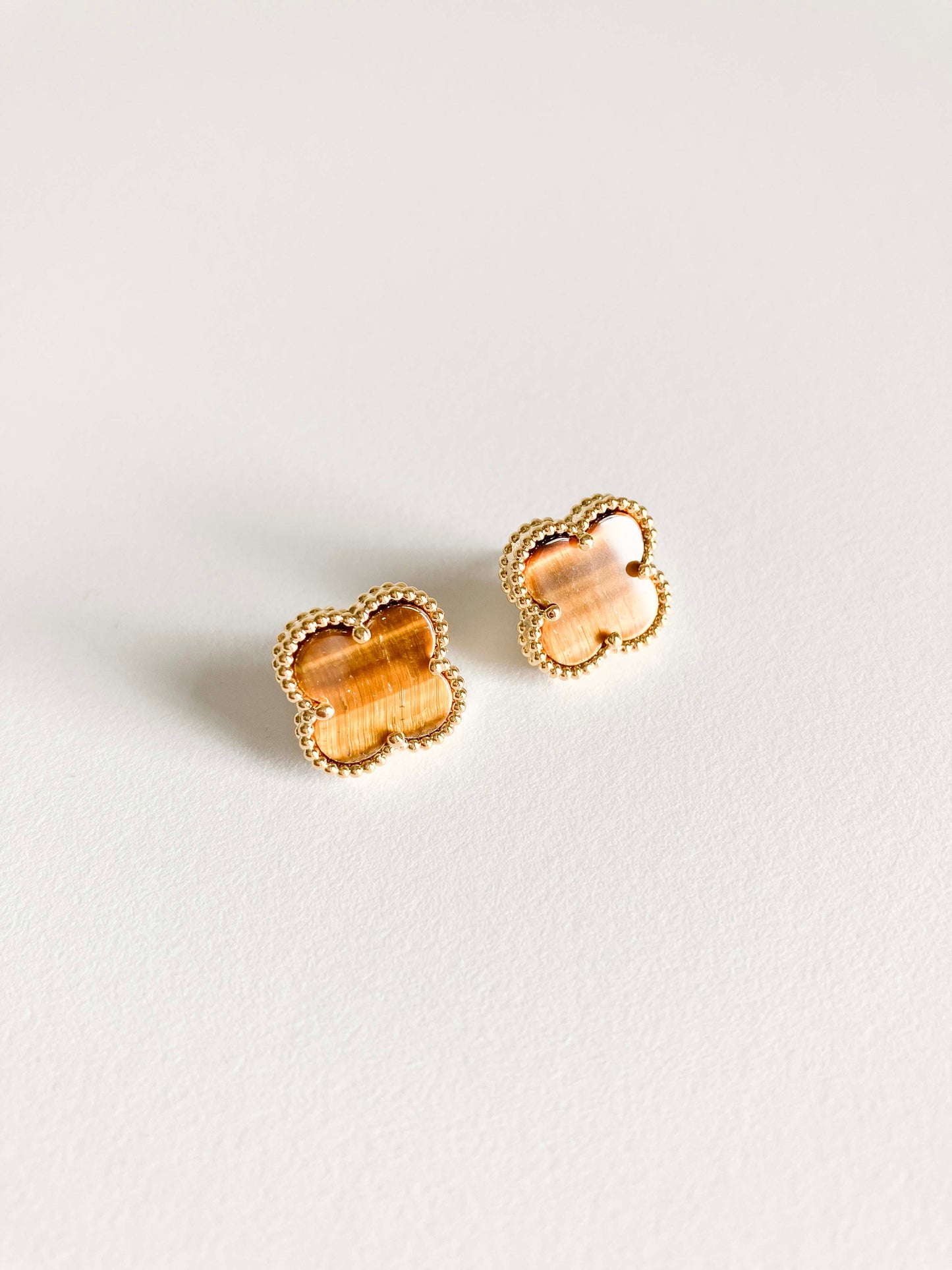 Tiger Eye Demi Quatrefoil Earrings in Gold