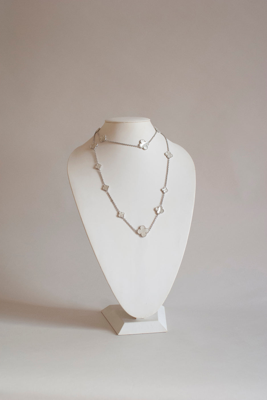 Mixed Size Mother of Pearl Quatrefoil Silver Plated Necklace