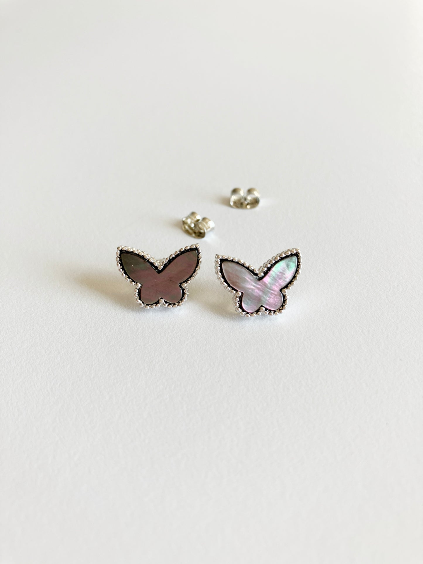 Gray Mother of Pearl Butterfly Earrings in Silver
