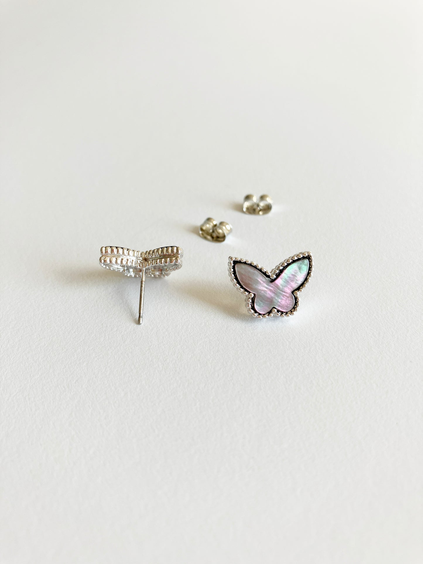 Gray Mother of Pearl Butterfly Earrings in Silver