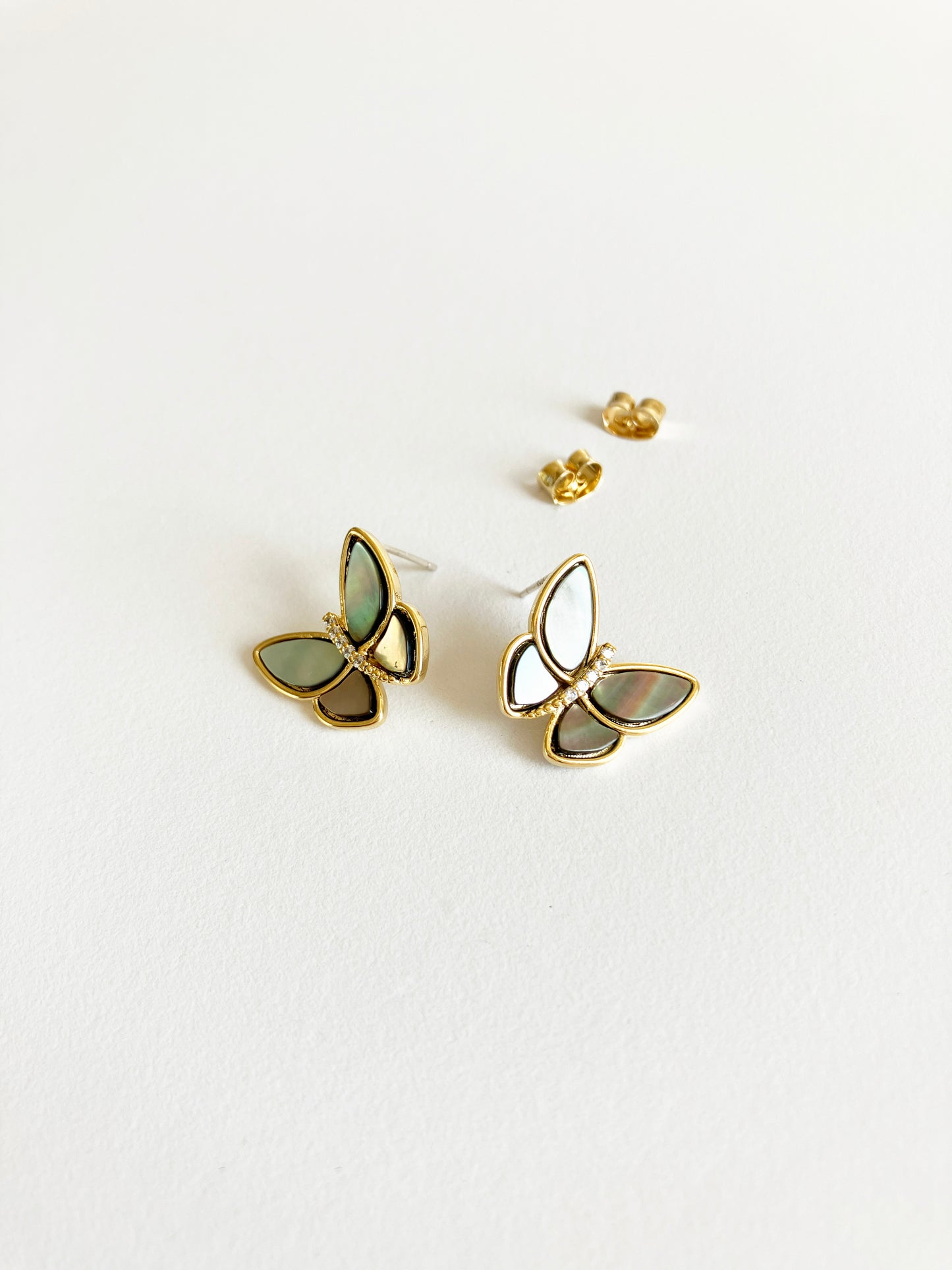 Gray Mother of Pearl and Cubic Zirconium Butterfly Earrings in Gold
