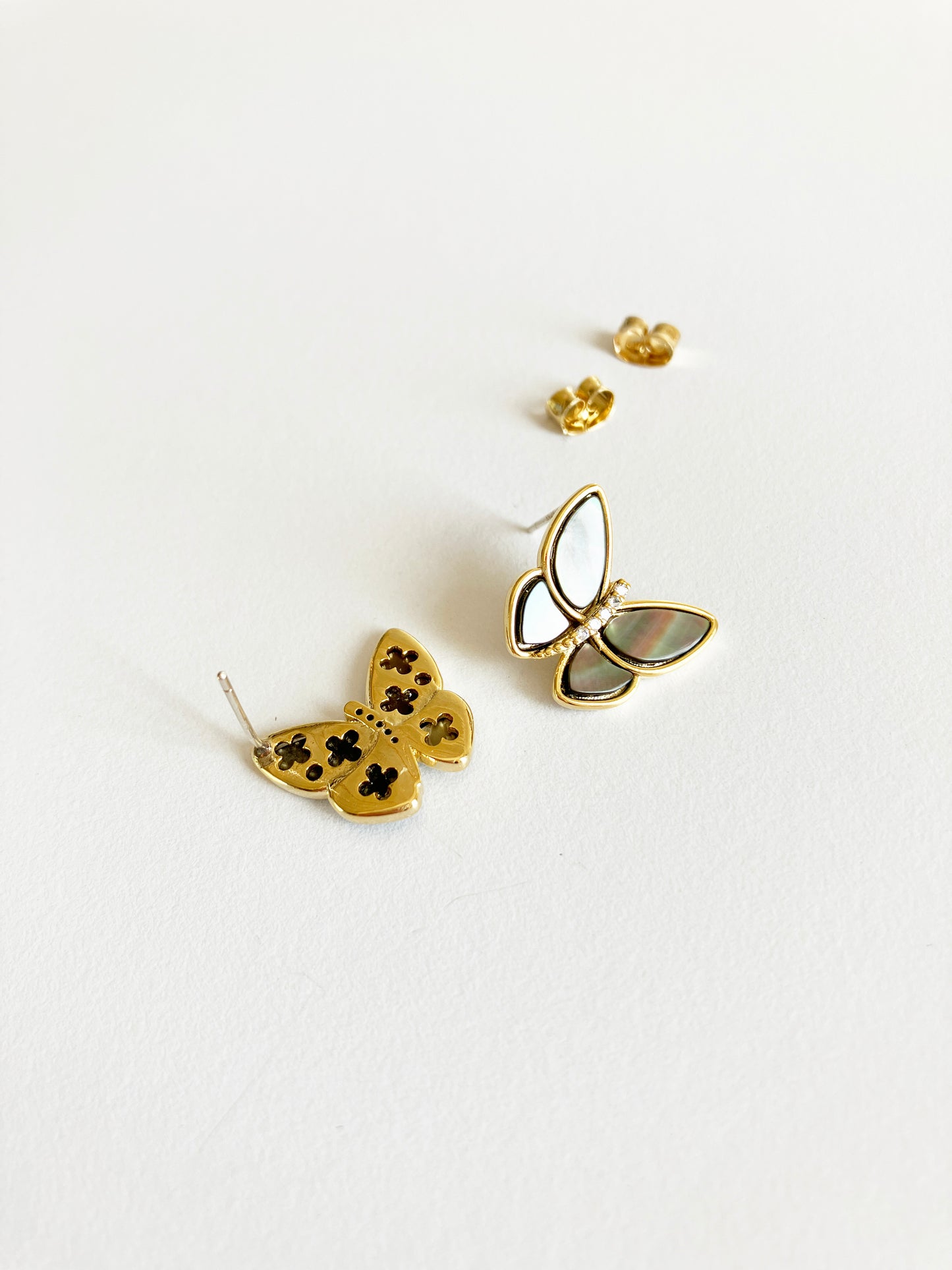 Gray Mother of Pearl and Cubic Zirconium Butterfly Earrings in Gold
