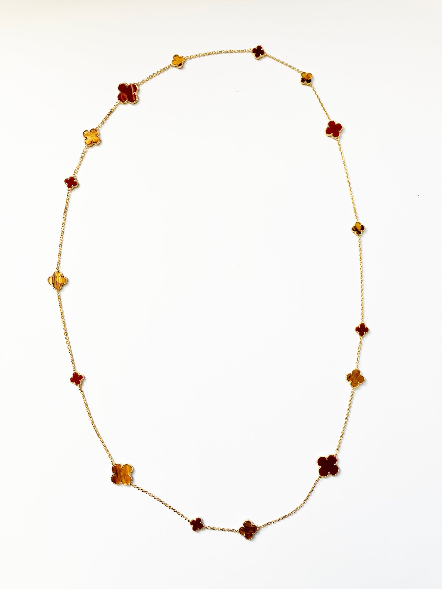 Mixed Size Tiger Eye and Carnelian Alhambra Gold Plated Necklace